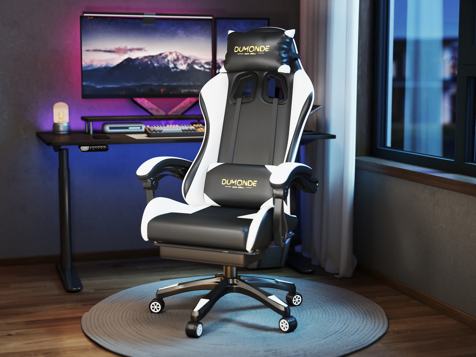 Scaun gaming Dumonde NIGHTFAL, mecanism multifuncțional, ecopiele, suport picioare, alb/negru