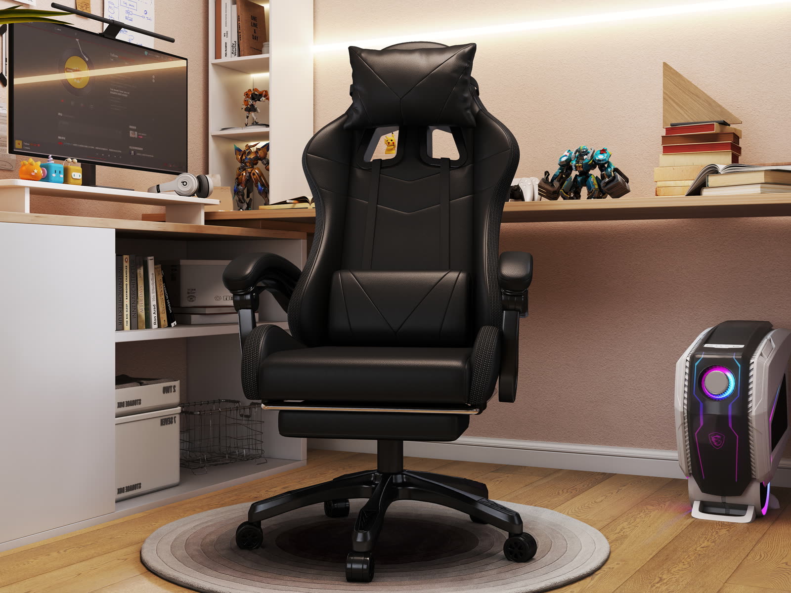 Scaun gaming Dumonde PULSE, LED, mecanism multifuncțional, ecopiele, suport picioare, negru