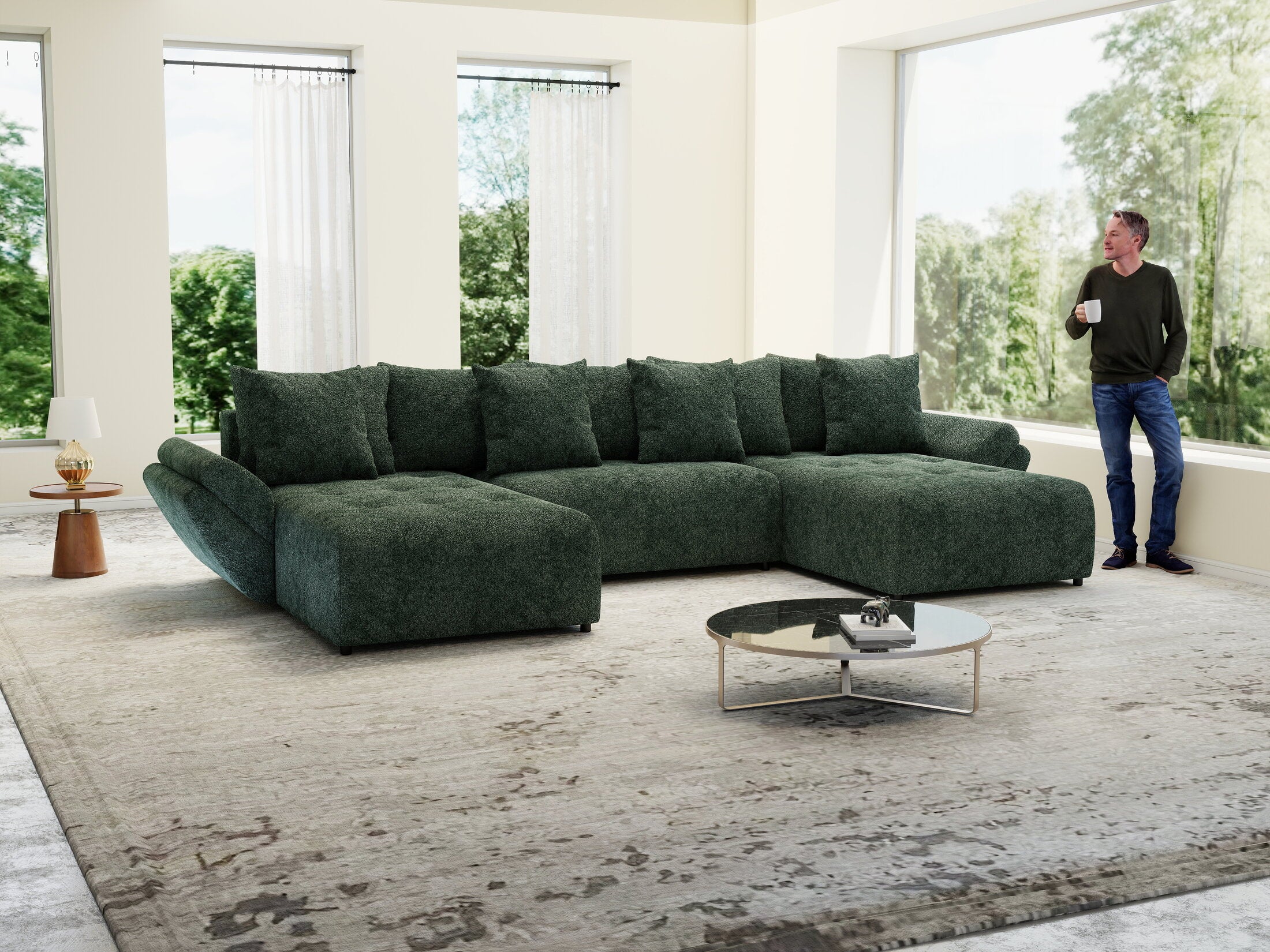 Colțar extensibil dumonde cu ladă de depozitare si sezut confortabil din spuma HR, Berlin U Euphoria Verde 380x180 cm