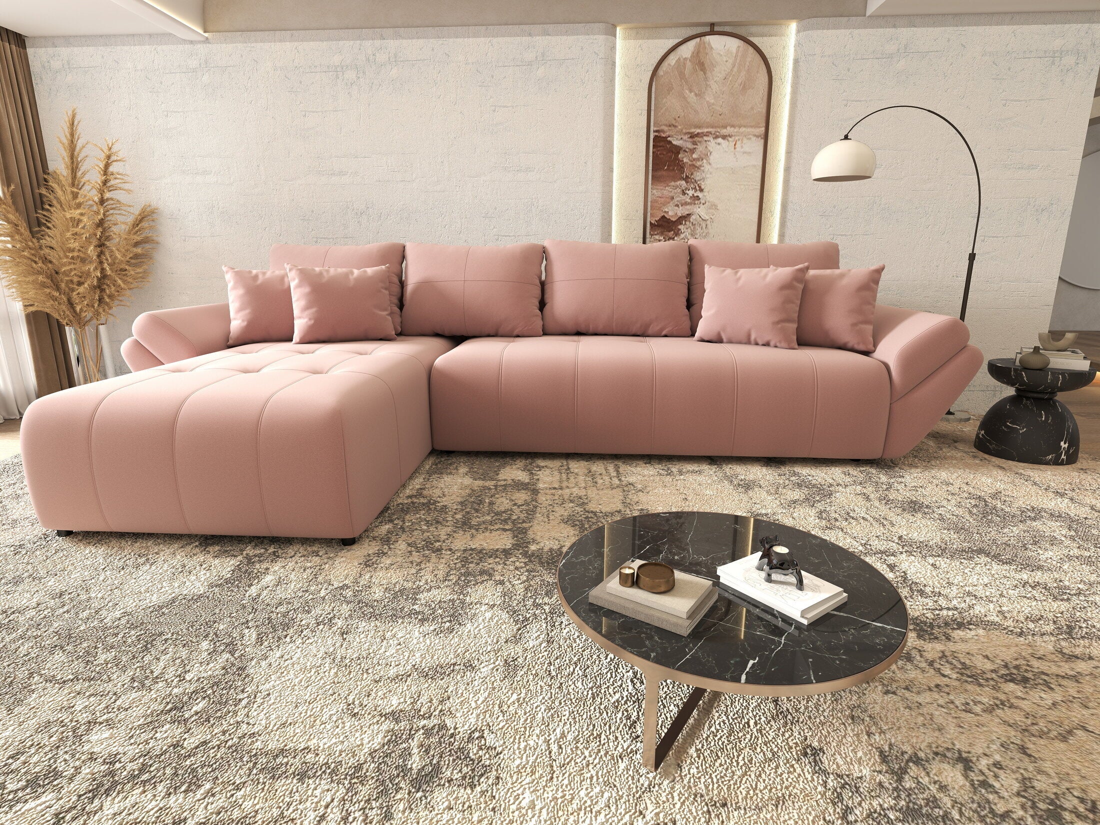 Colțar extensibil dumonde cu ladă de depozitare si sezut confortabil din spuma HR, Berlin XL Royal Roz 350x185 cm