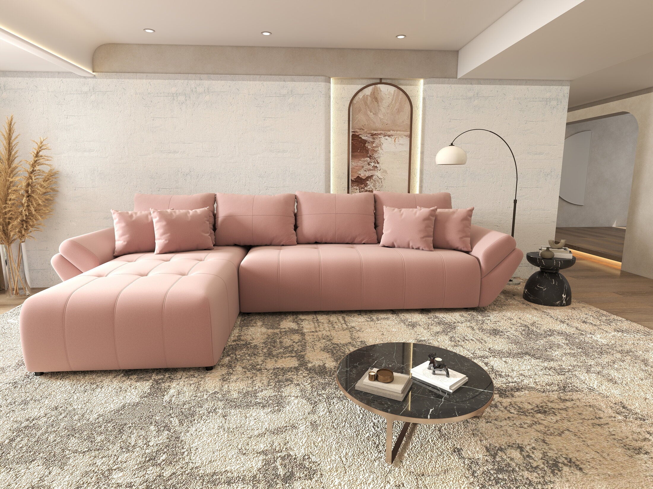 Colțar extensibil dumonde cu ladă de depozitare si sezut confortabil din spuma HR, Berlin XL Royal Roz 350x185 cm