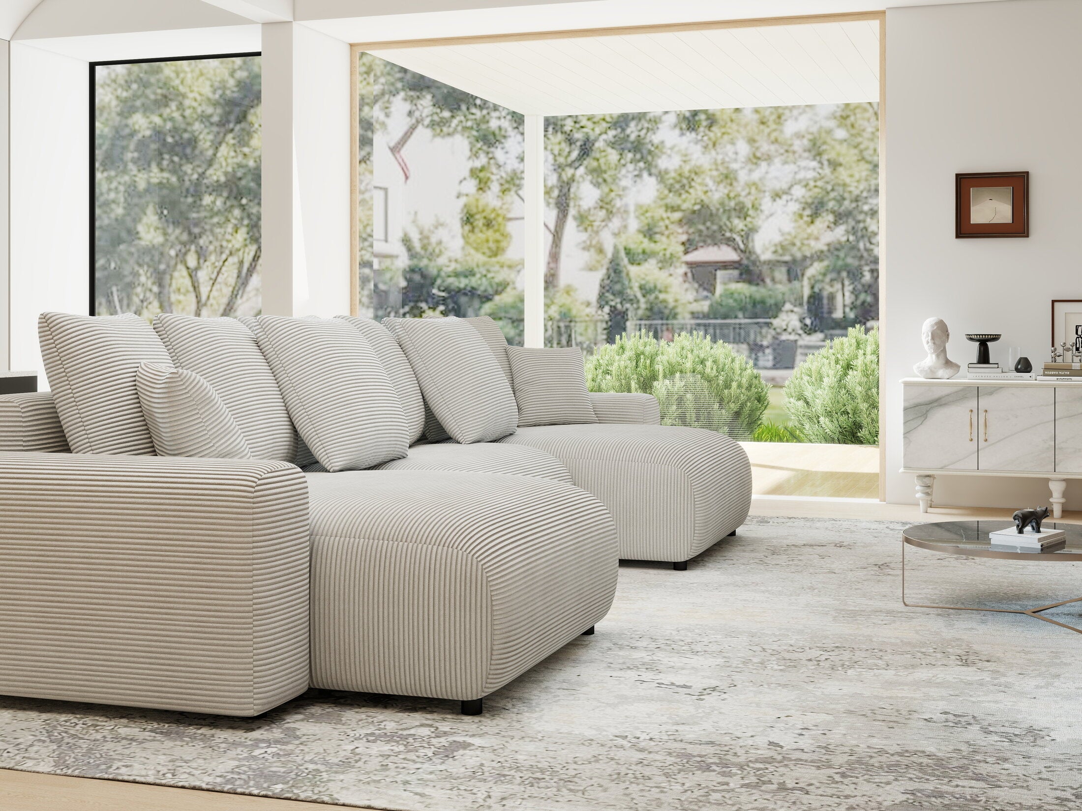 Colțar extensibil dumonde cu ladă de depozitare si sezut confortabil din spuma HR, Luma U Zoom Gri 336x140 cm