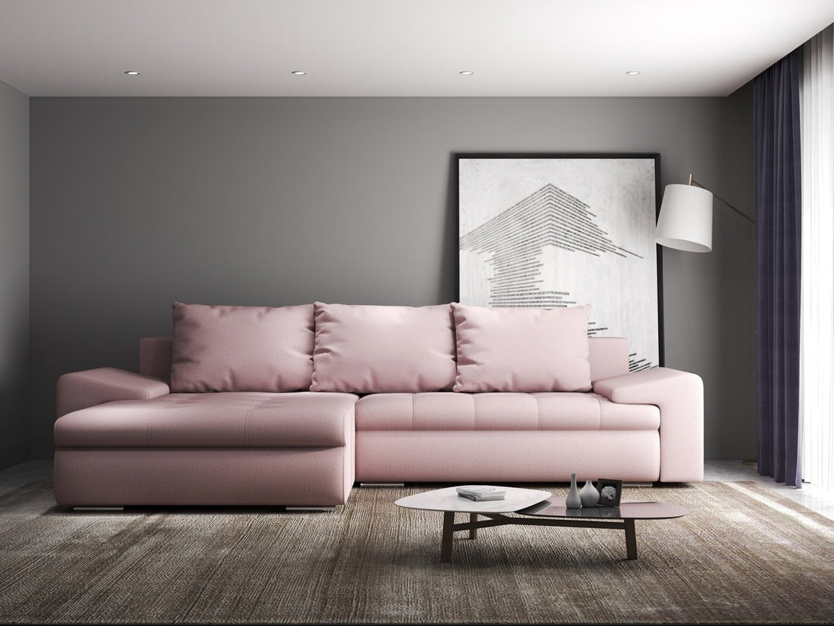 Colțar extensibil dumonde cu ladă de depozitare si sezut confortabil din spuma HR, Leonardo Enjoy Roz 255x193 cm