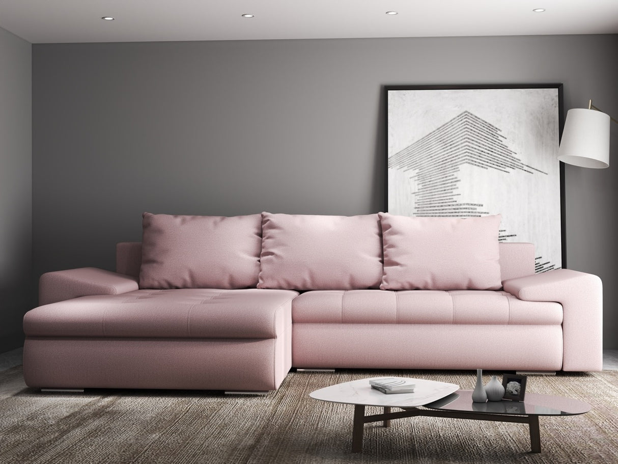Colțar extensibil dumonde cu ladă de depozitare si sezut confortabil din spuma HR, Leonardo Enjoy Roz 255x193 cm