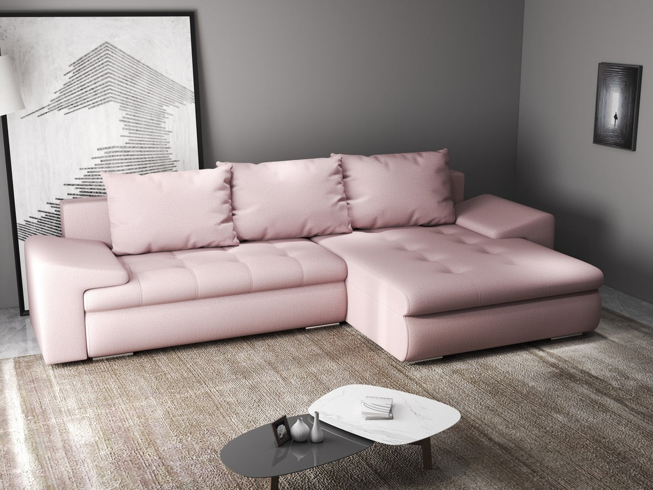 Colțar extensibil dumonde cu ladă de depozitare si sezut confortabil din spuma HR, Leonardo Enjoy Roz 255x193 cm II Fabrica