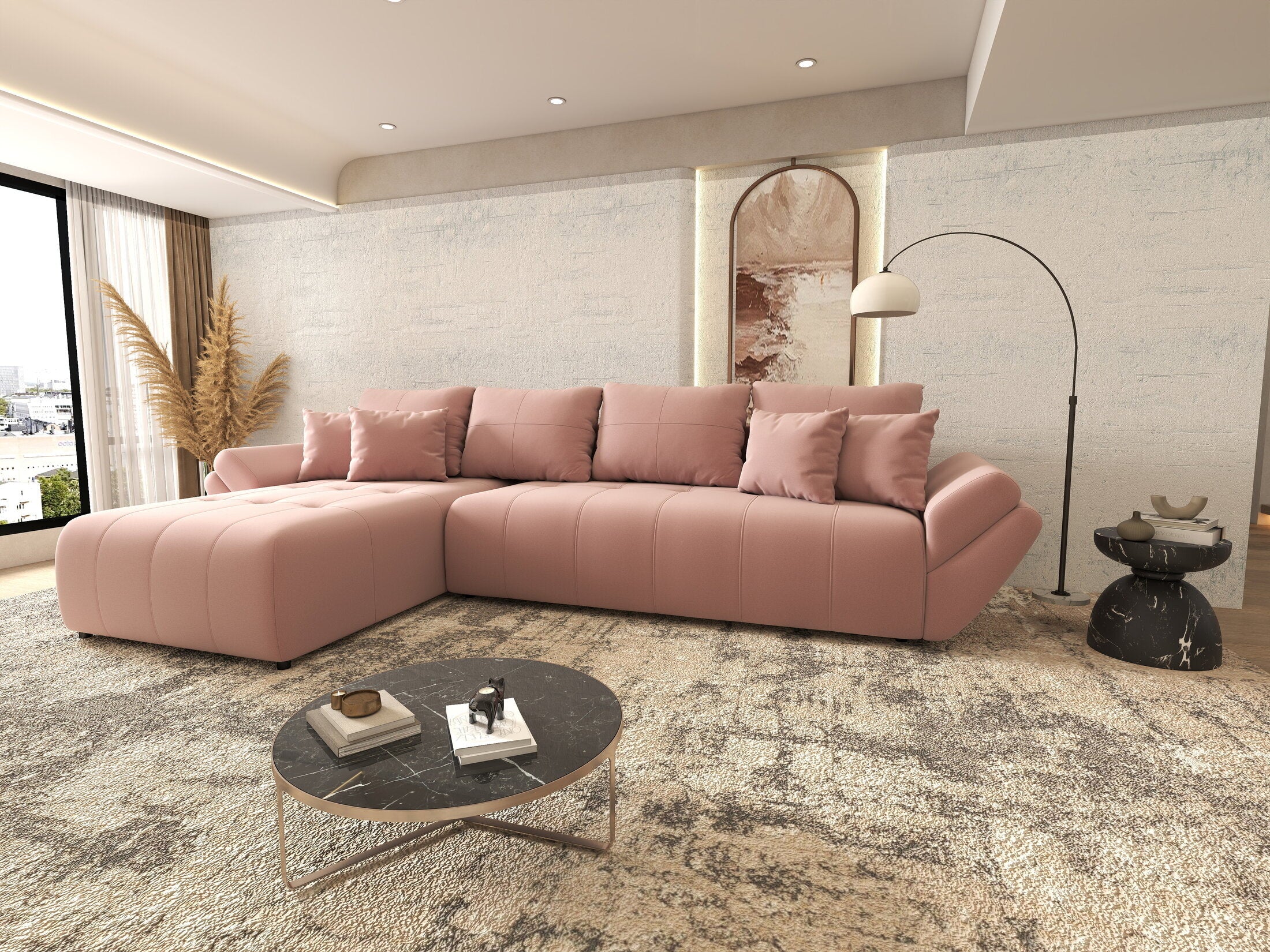 Colțar extensibil dumonde cu ladă de depozitare si sezut confortabil din spuma HR, Berlin XL Royal Roz 350x185 cm