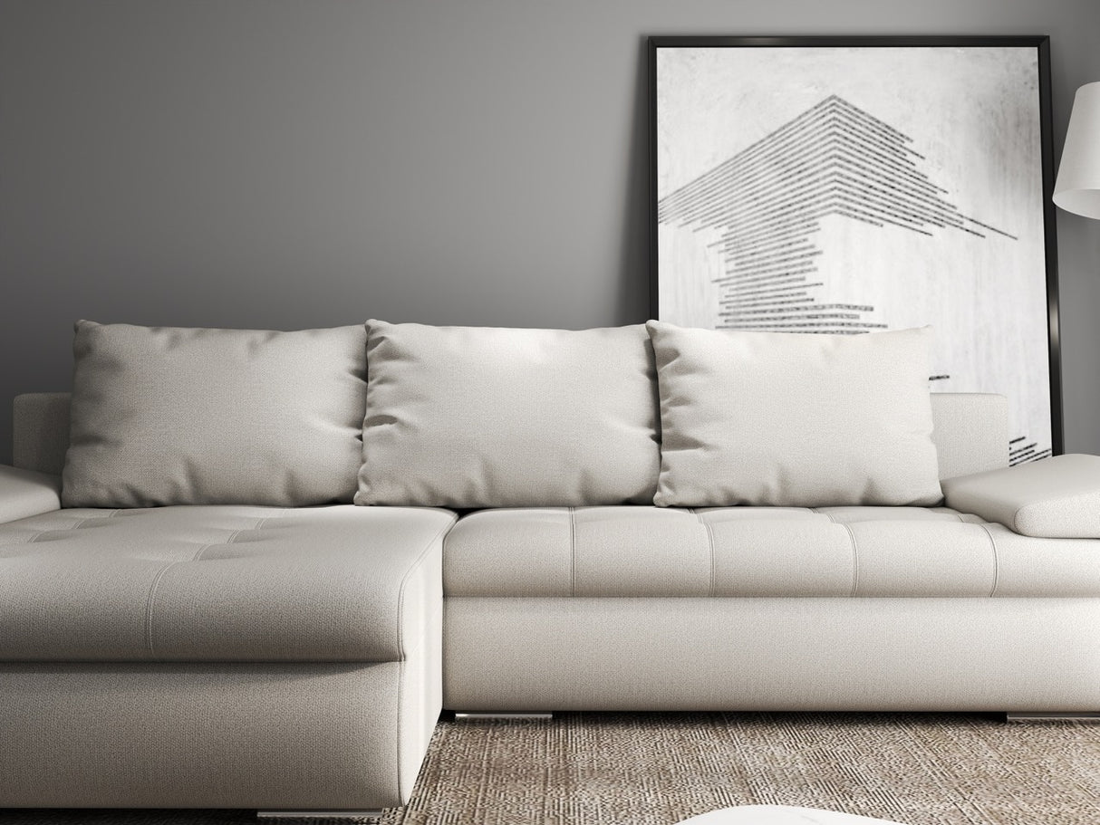 Colțar extensibil dumonde cu ladă de depozitare si sezut confortabil din spuma HR, Leonardo Enjoy Bej 255x193 cm