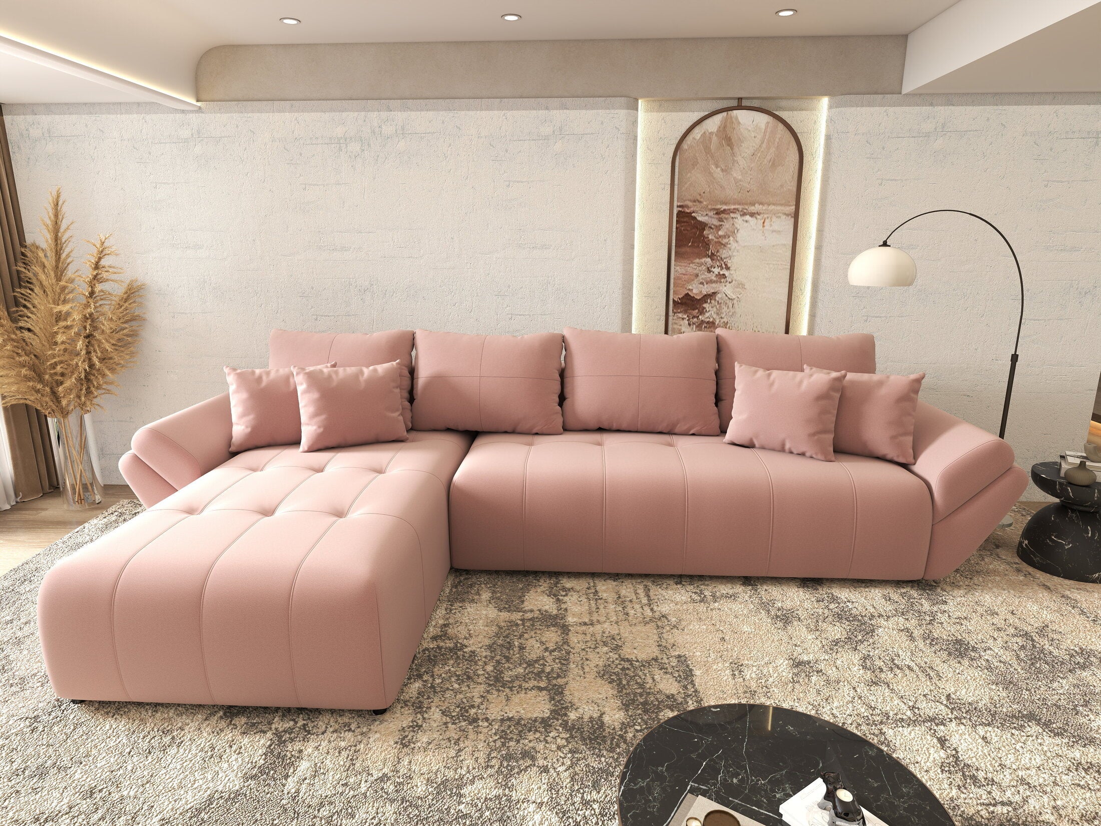 Colțar extensibil dumonde cu ladă de depozitare si sezut confortabil din spuma HR, Berlin XL Royal Roz 350x185 cm