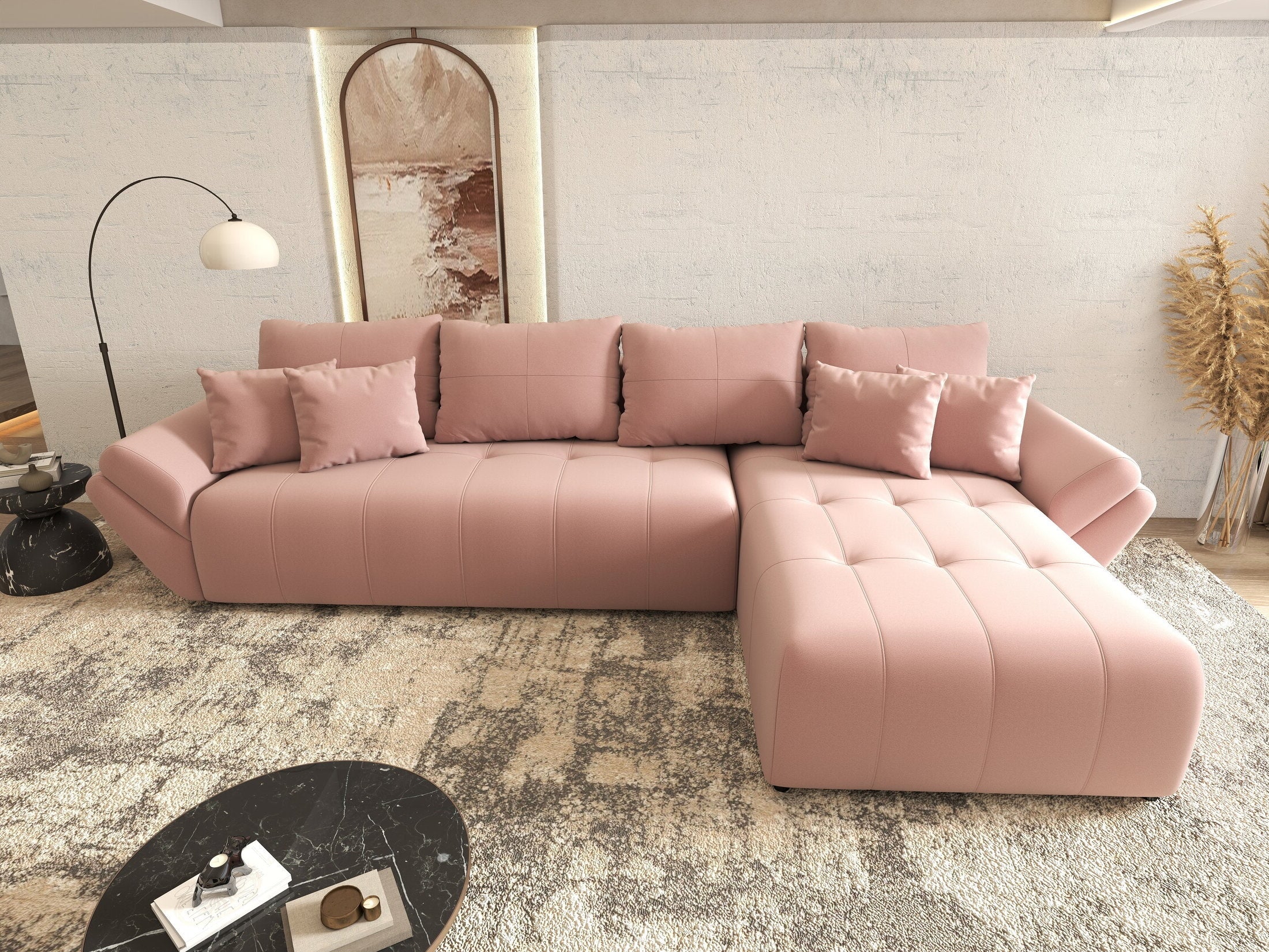 Colțar extensibil dumonde cu ladă de depozitare si sezut confortabil din spuma HR, Berlin XL Royal Roz 350x185 cm II