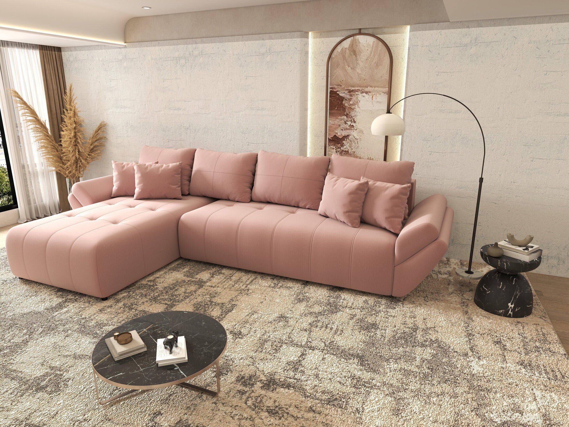 Colțar extensibil dumonde cu ladă de depozitare si sezut confortabil din spuma HR, Berlin XL Royal Roz 350x185 cm