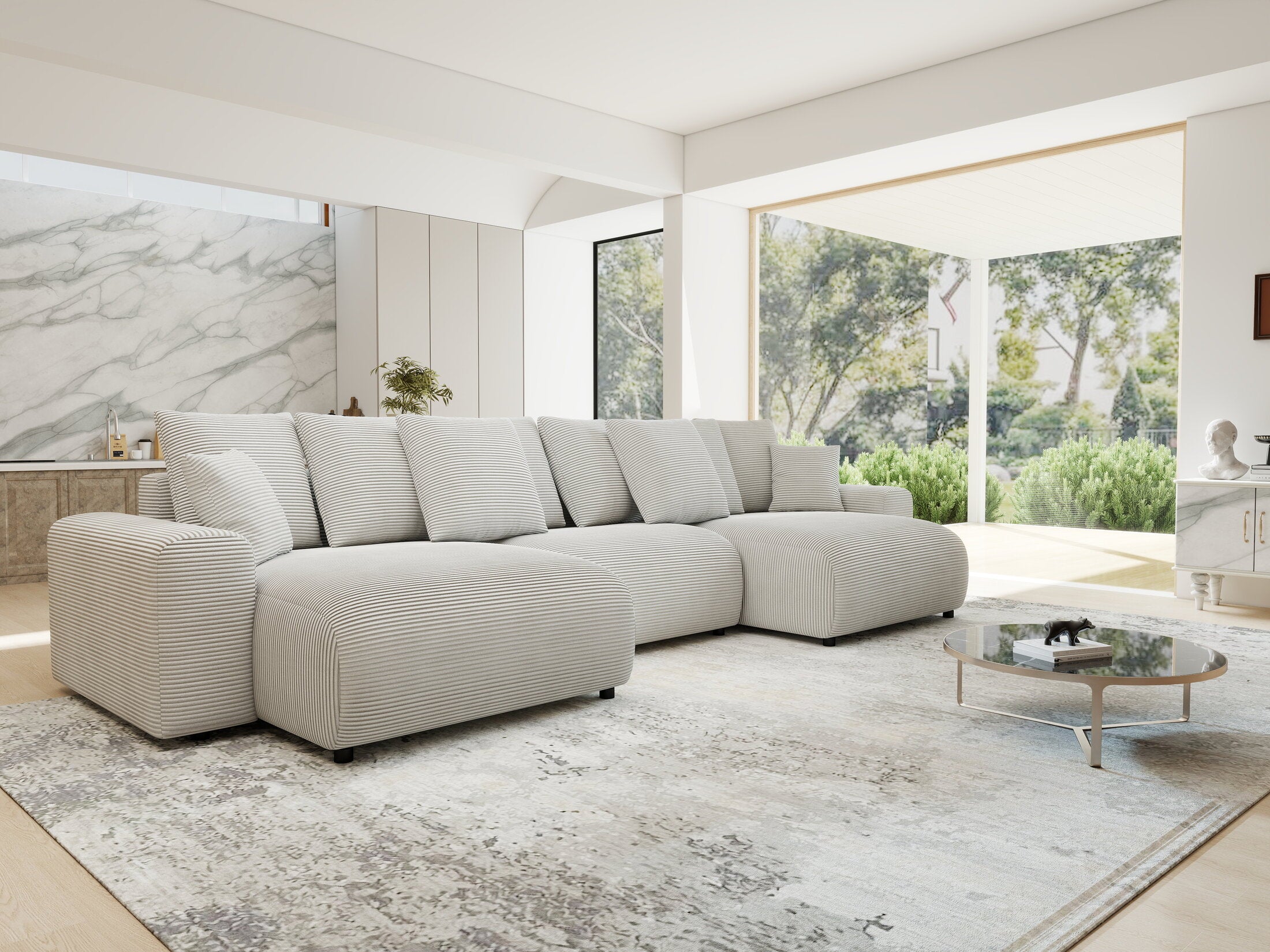 Colțar extensibil dumonde cu ladă de depozitare si sezut confortabil din spuma HR, Luma U Zoom Gri 336x140 cm