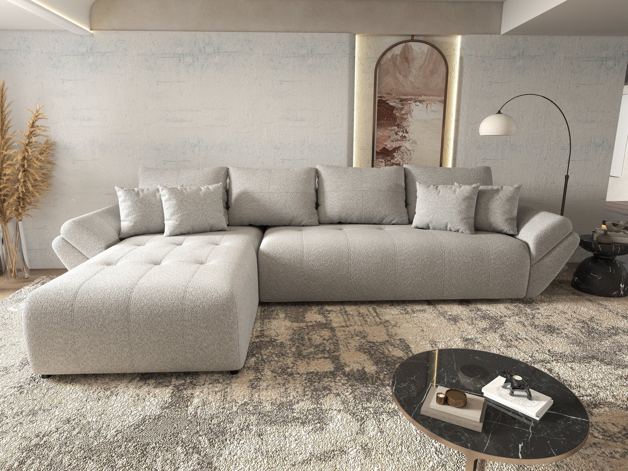 Colțar extensibil dumonde cu ladă de depozitare si sezut confortabil din spuma HR, Berlin XL Euphoria Dove 350x185 cm