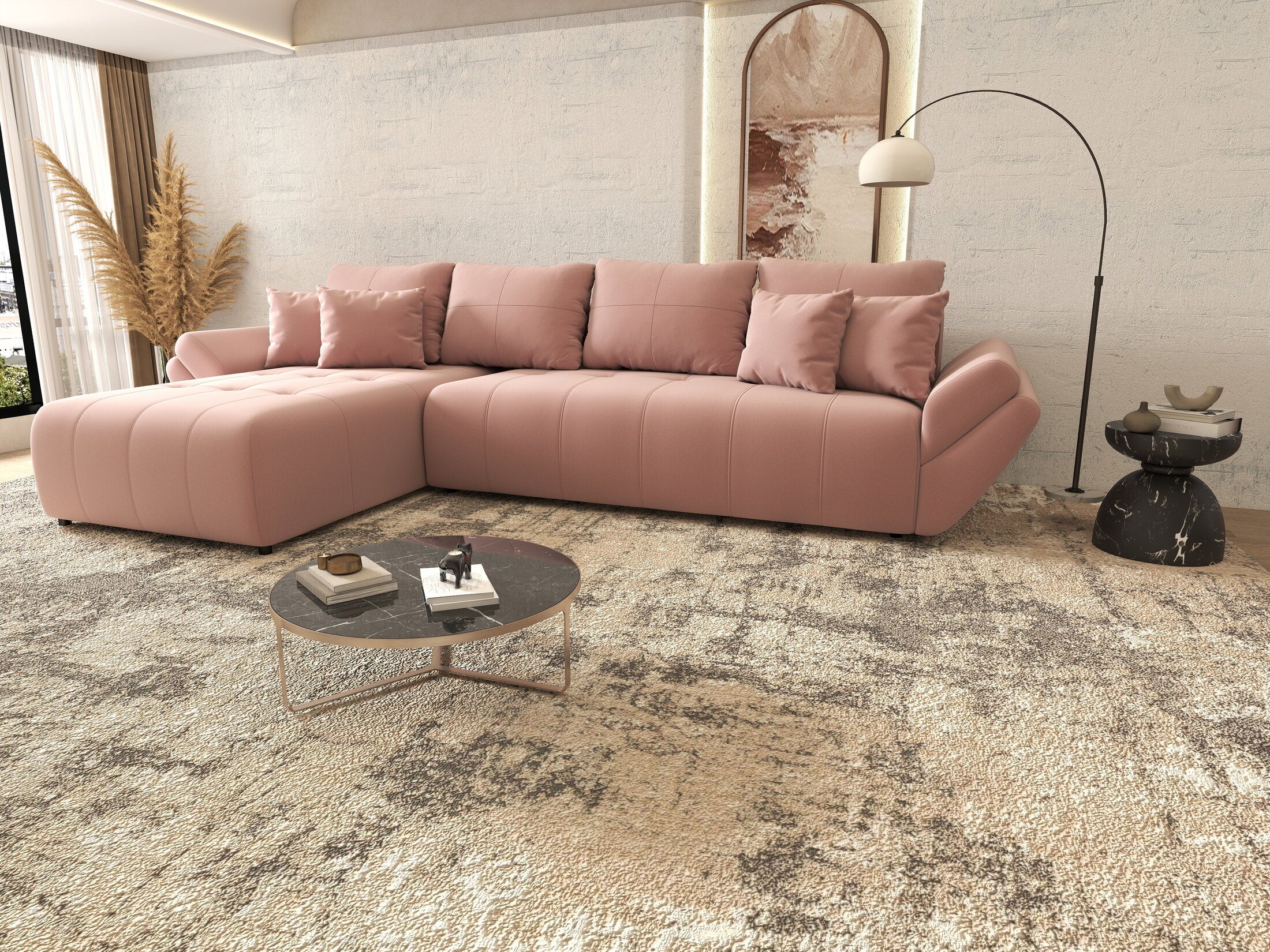 Colțar extensibil dumonde cu ladă de depozitare si sezut confortabil din spuma HR, Berlin XL Royal Roz 350x185 cm