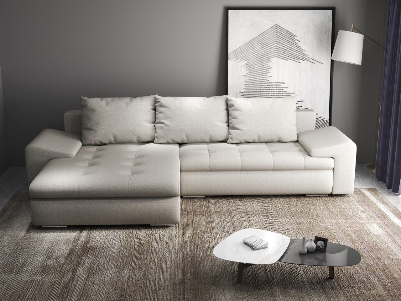 Colțar extensibil dumonde cu ladă de depozitare si sezut confortabil din spuma HR, Leonardo Enjoy Bej 255x193 cm Fabrica