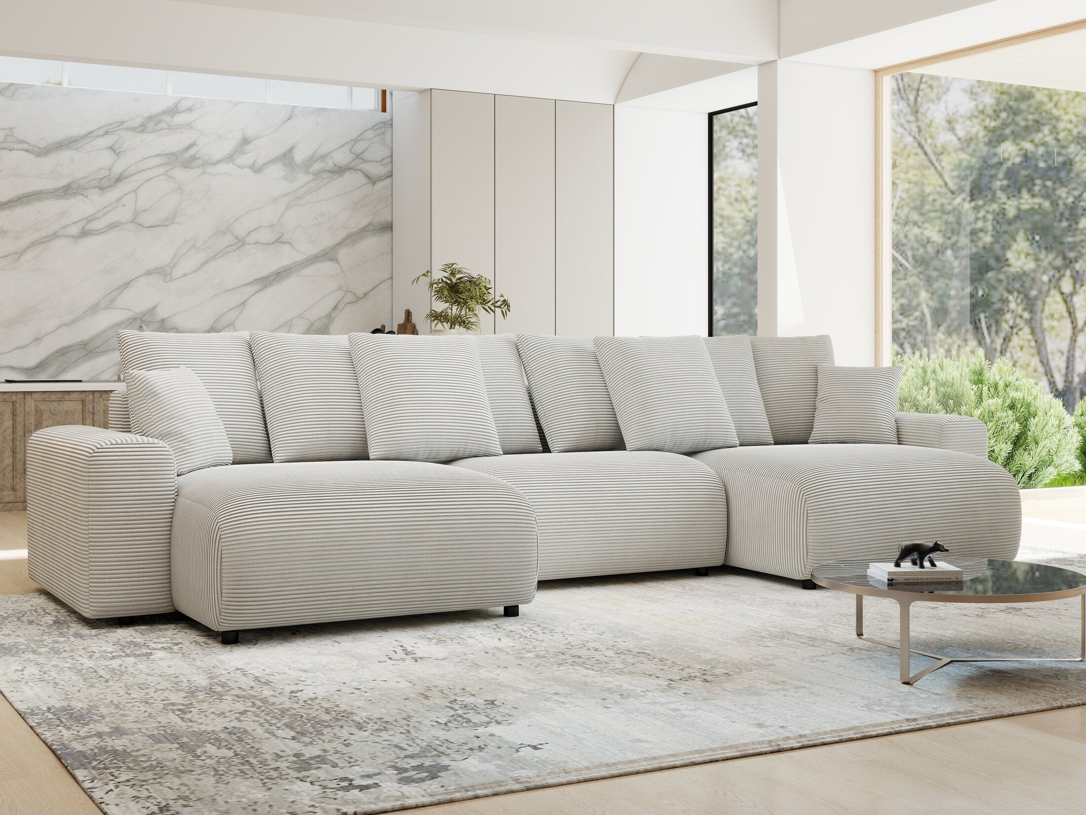 Colțar extensibil dumonde cu ladă de depozitare si sezut confortabil din spuma HR, Luma U Zoom Gri 336x140 cm