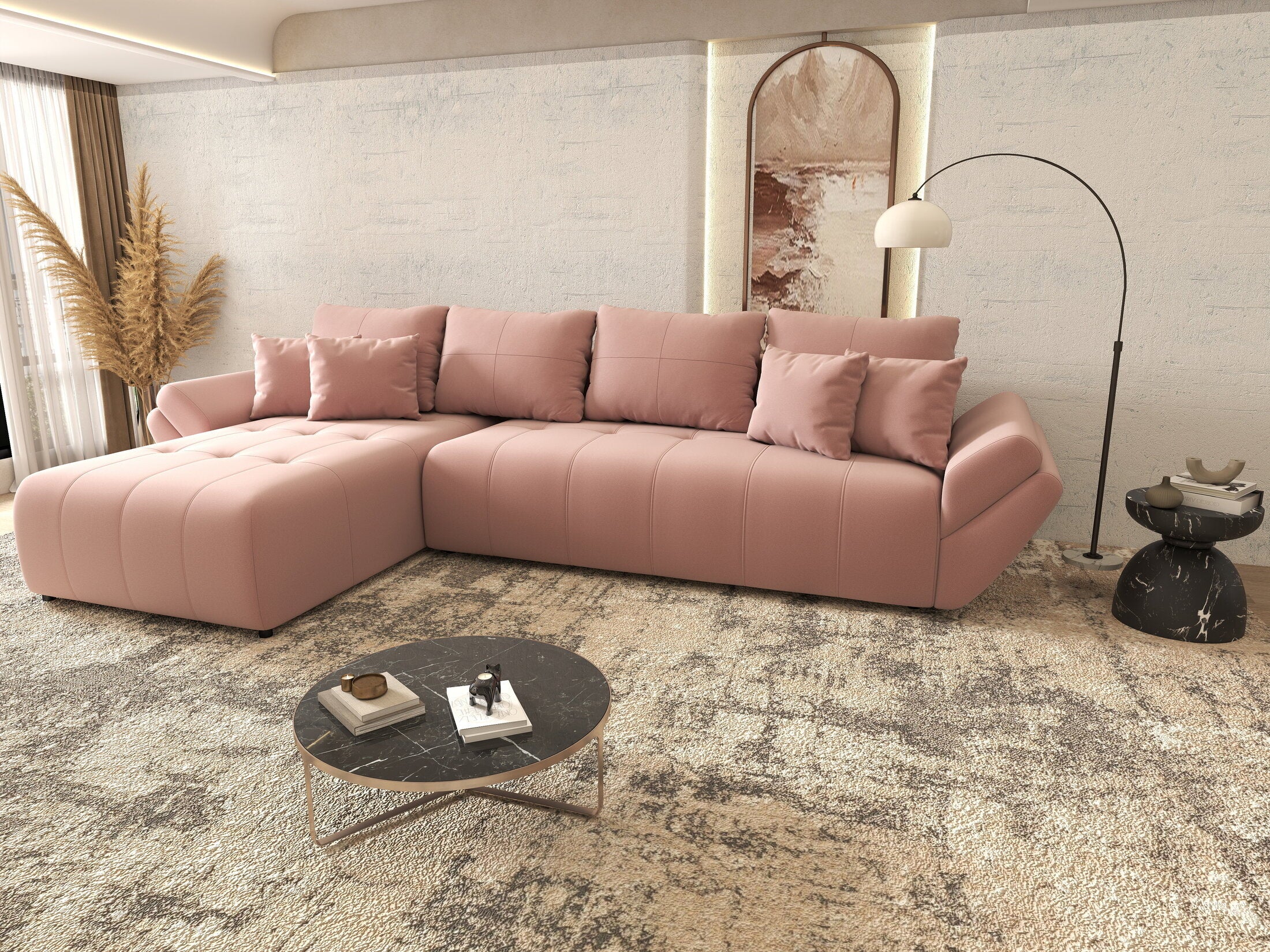 Colțar extensibil dumonde cu ladă de depozitare si sezut confortabil din spuma HR, Berlin XL Royal Roz 350x185 cm