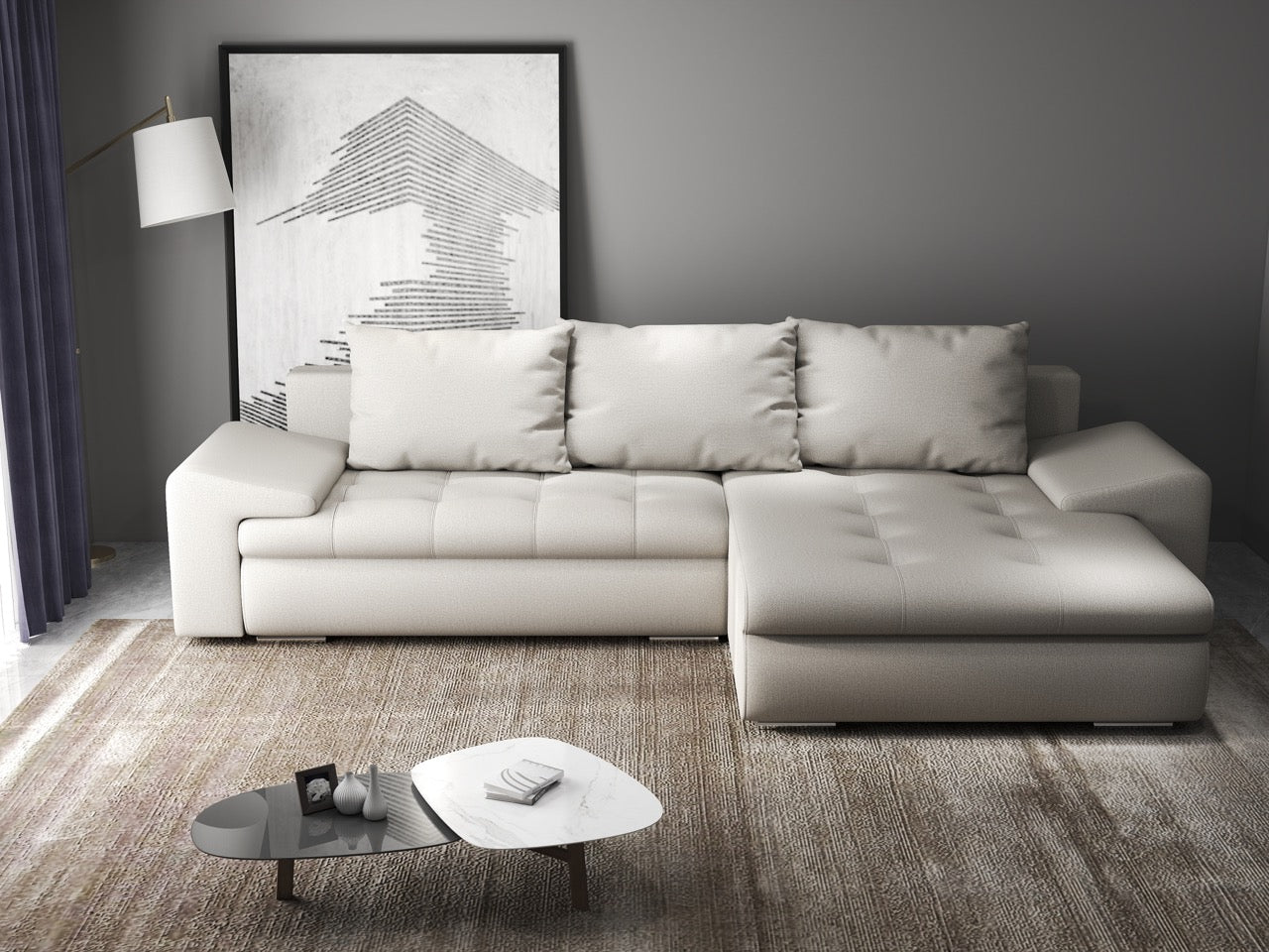 Colțar extensibil dumonde cu ladă de depozitare si sezut confortabil din spuma HR, Leonardo Enjoy Bej 255x193 cm II Fabrica
