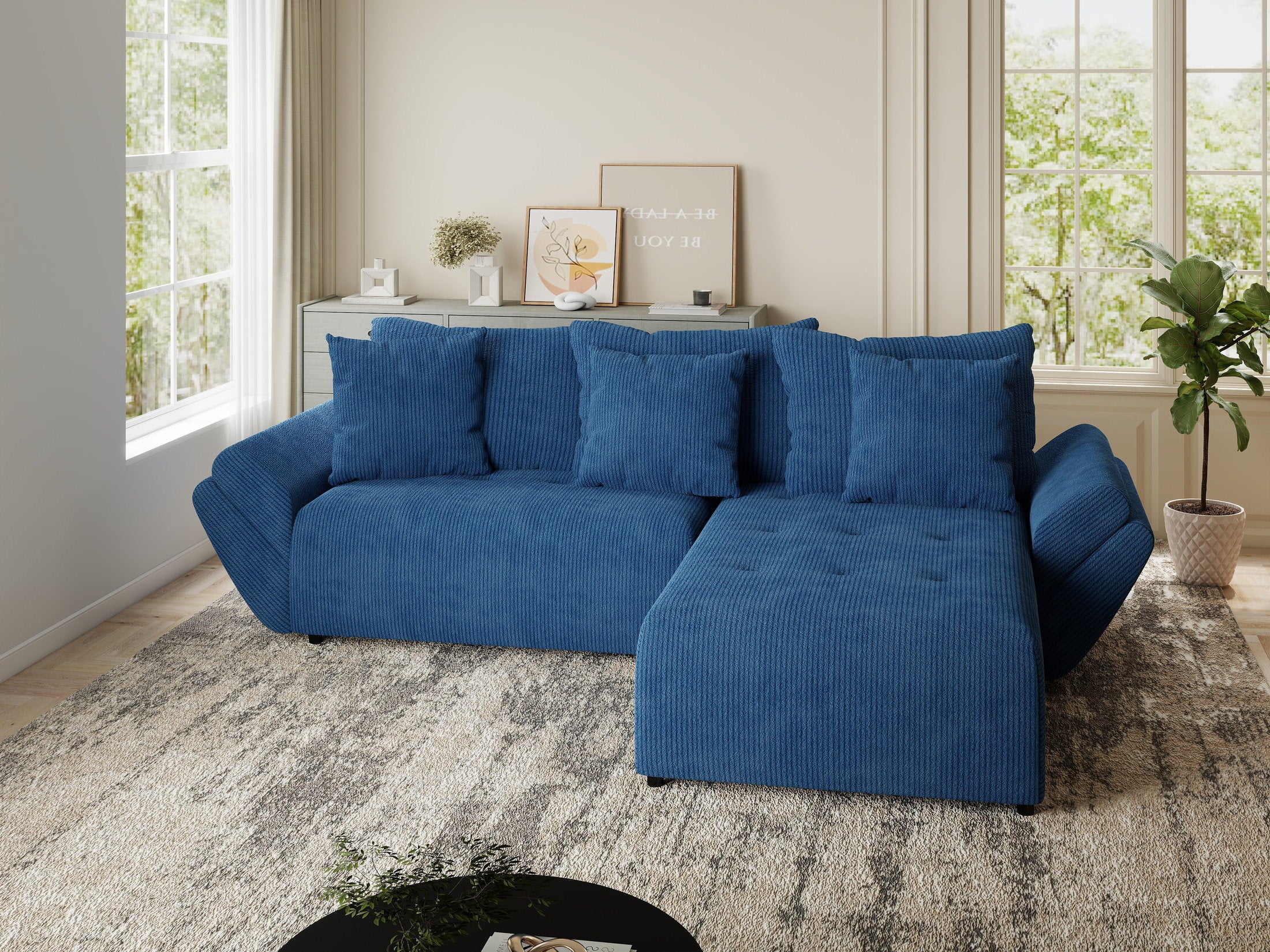 Colțar extensibil dumonde cu ladă de depozitare si sezut confortabil din spuma HR, Berlin Zoom Albastru 280x185 cm II