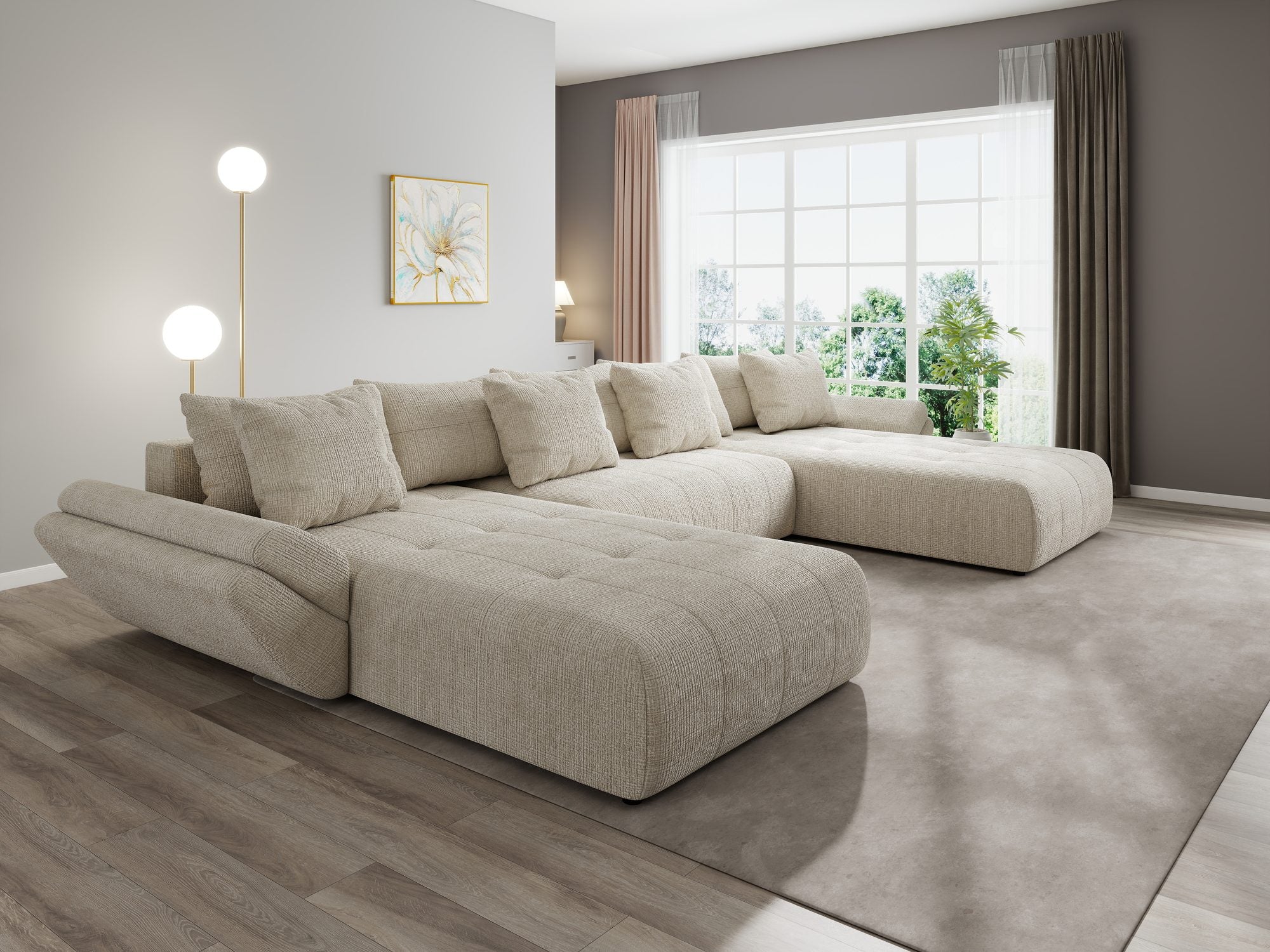 Colțar extensibil dumonde cu ladă de depozitare si sezut confortabil din spuma high-density, Berlin U Cremona Gri Deschis 02 380x180 cm