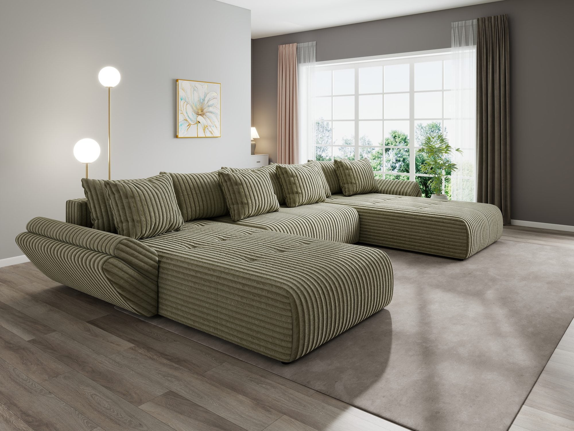 Colțar extensibil dumonde cu ladă de depozitare si sezut confortabil din spuma high-density, Berlin U Tilia Verde Olive 37 380x180 cm