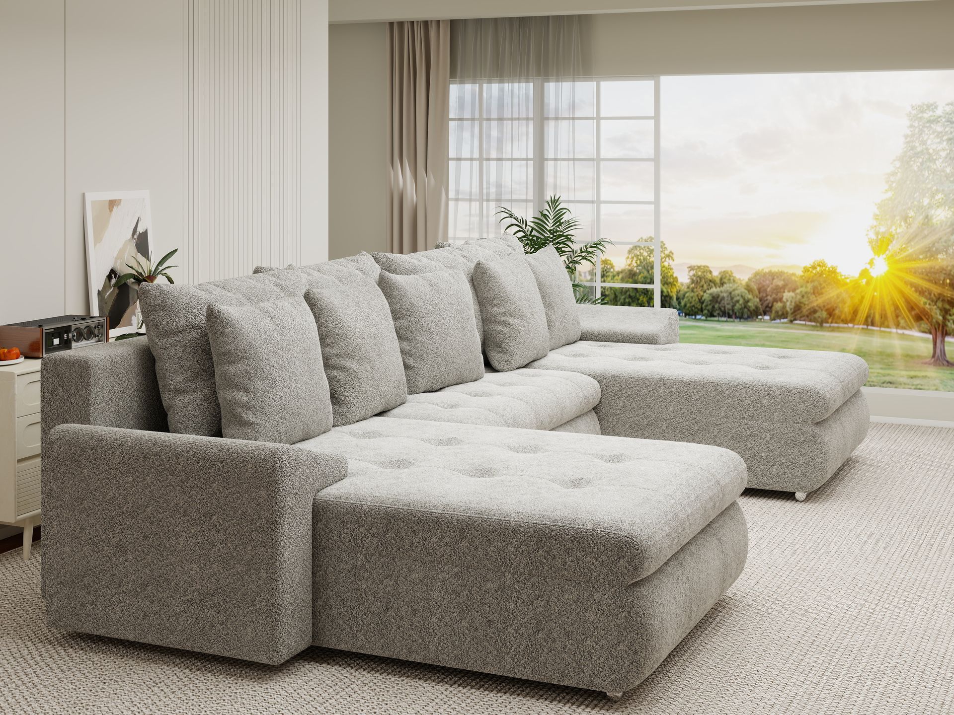 Colțar extensibil dumonde cu ladă de depozitare si sezut confortabil din spuma high-density, Leonardo U Arena Bej 02 360x185 cm