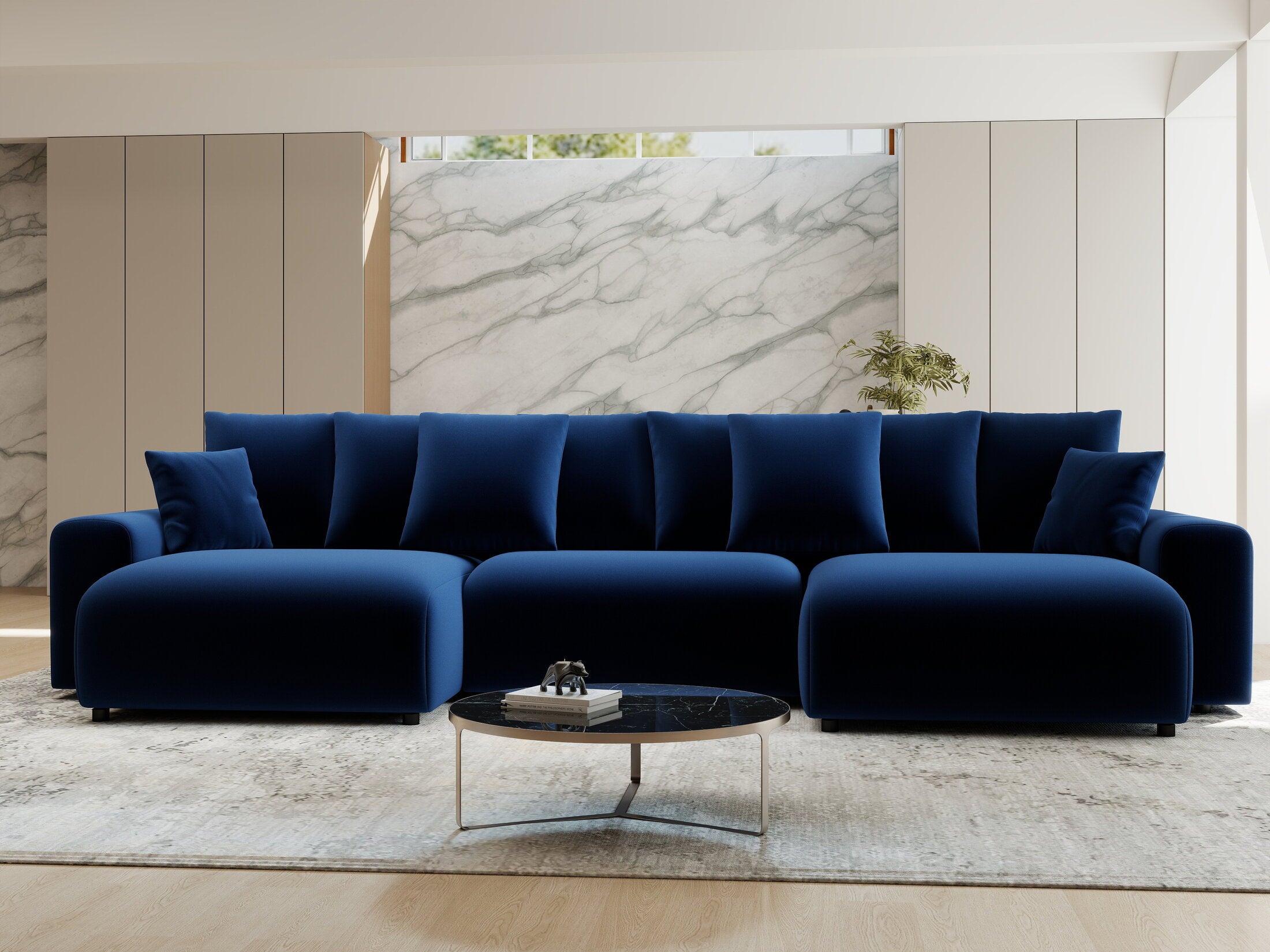 Colțar extensibil dumonde cu ladă de depozitare si sezut confortabil din spuma HR, Luma U Royal Albastru Navy 336x140 cm