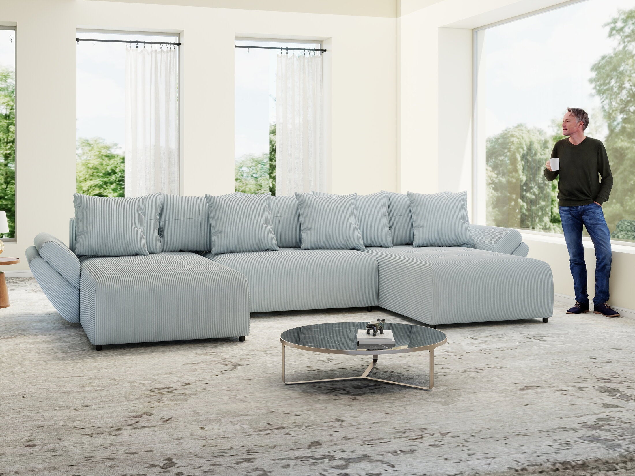 Colțar extensibil dumonde cu ladă de depozitare si sezut confortabil din spuma HR, Berlin U Zoom GREY 380x180 cm