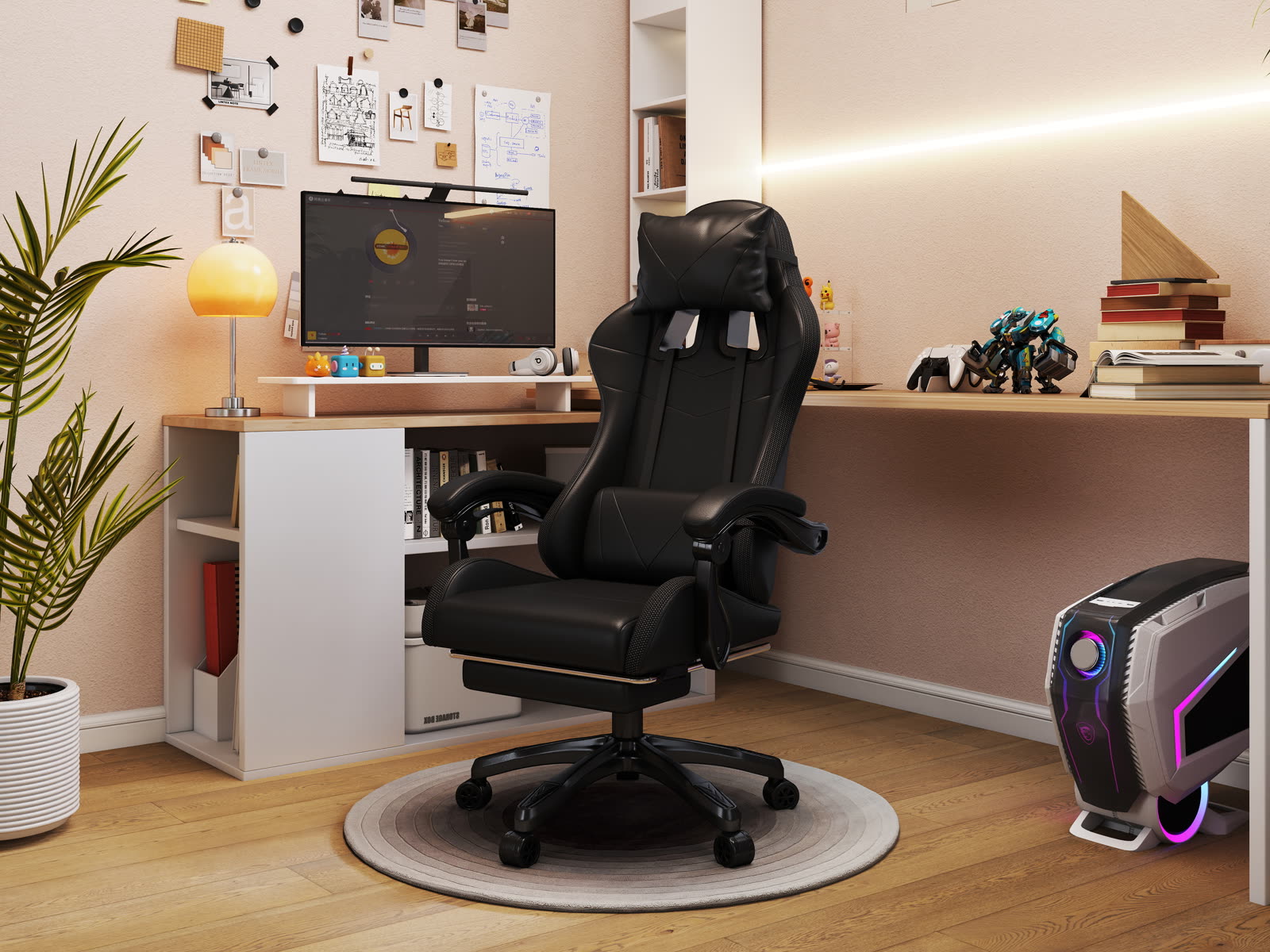 Scaun gaming Dumonde PULSE, LED, mecanism multifuncțional, ecopiele, suport picioare, negru