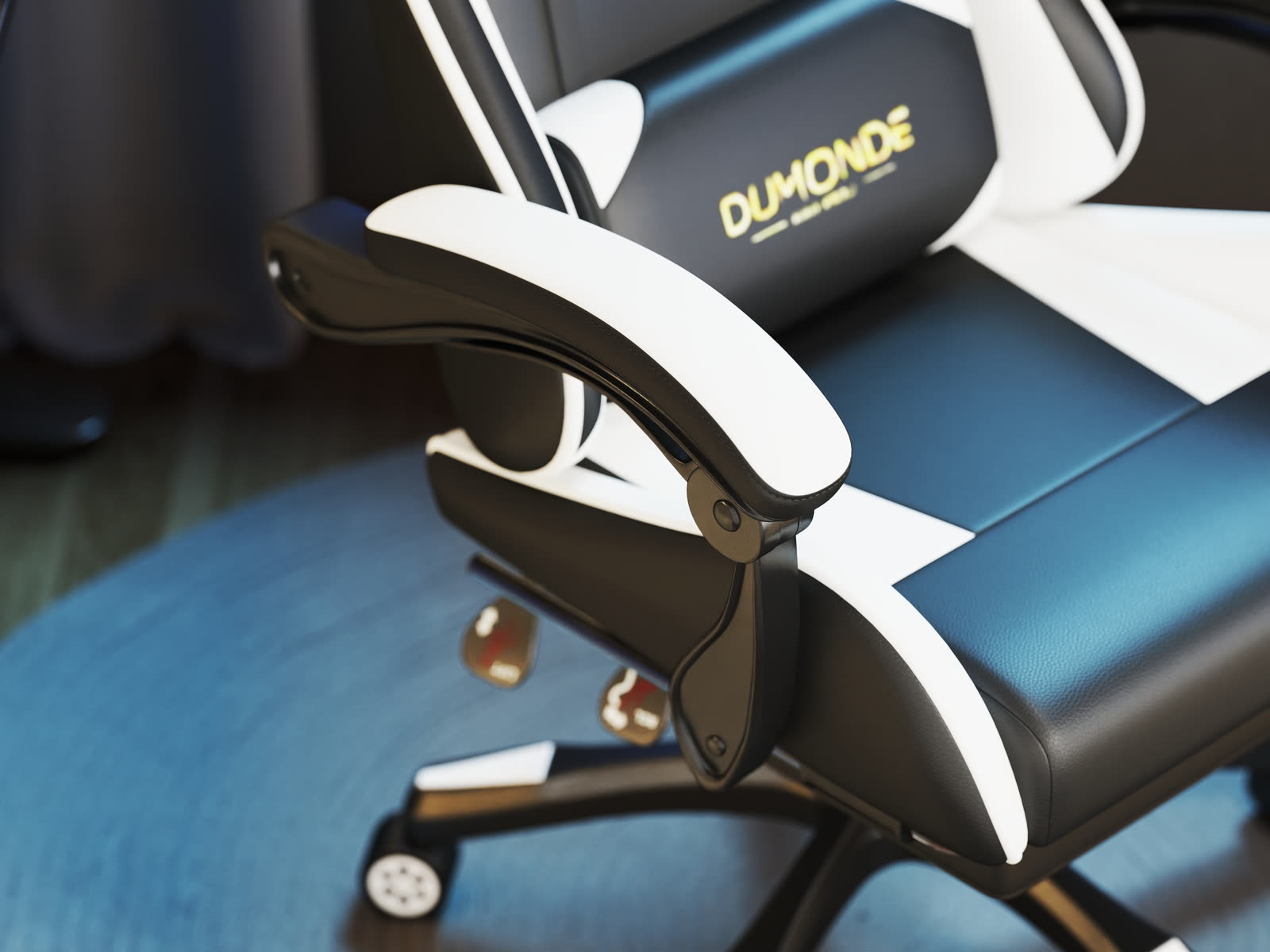 Scaun gaming Dumonde NIGHTFAL, mecanism multifuncțional, ecopiele, suport picioare, alb/negru