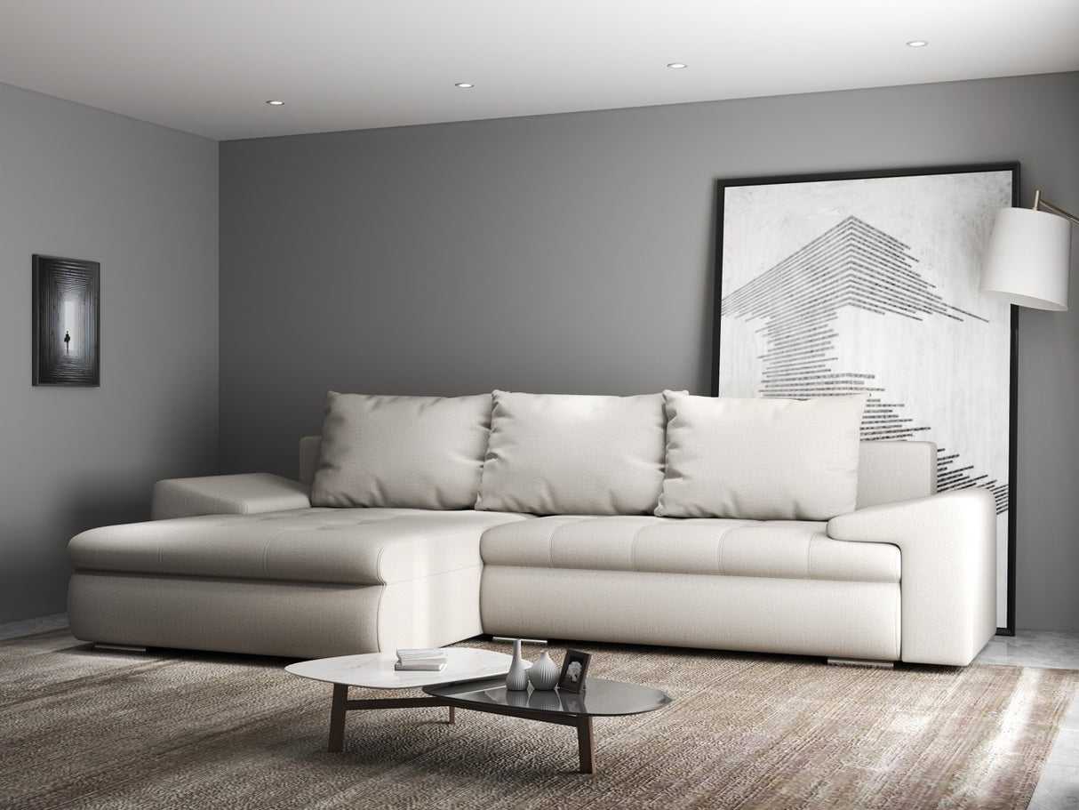 Colțar extensibil dumonde cu ladă de depozitare si sezut confortabil din spuma HR, Leonardo Enjoy Bej 255x193 cm