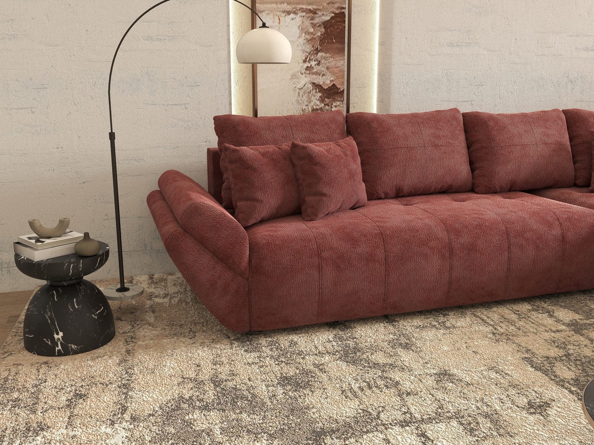 Colțar extensibil dumonde cu ladă de depozitare si sezut confortabil din spuma high-density, Berlin XL Vibe Rosu 58 II 350x185 cm