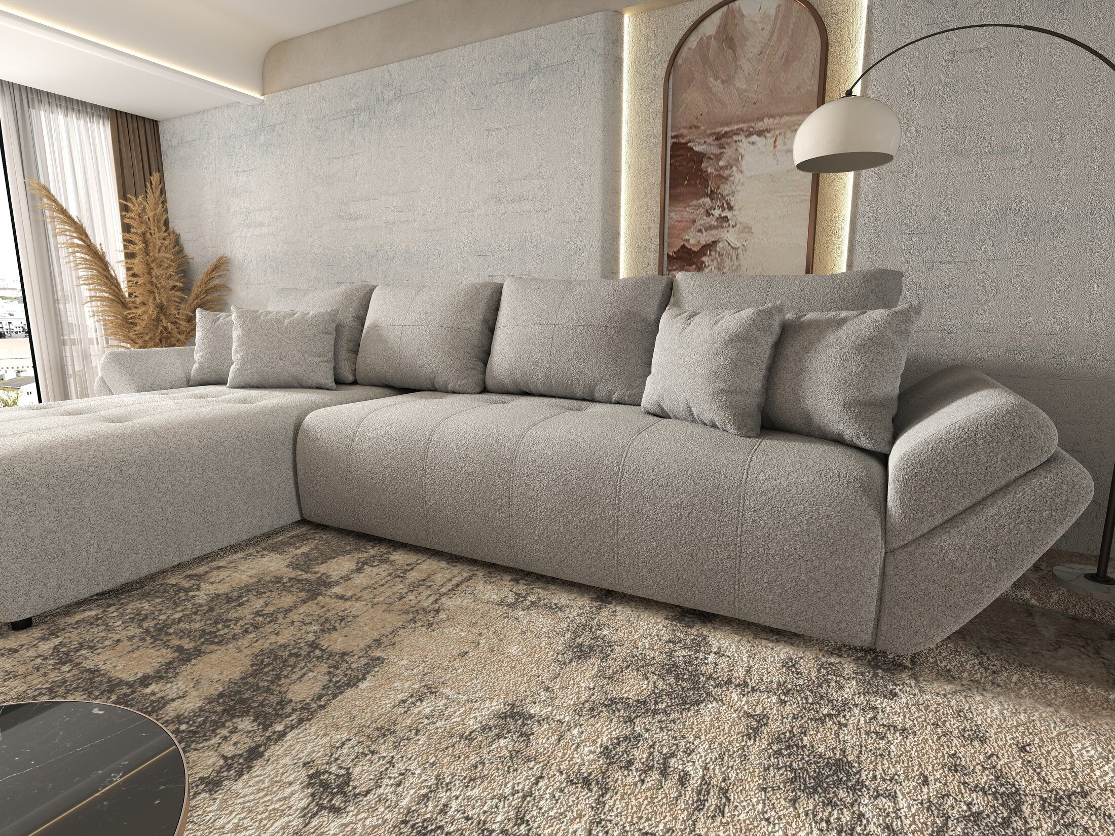 Colțar extensibil dumonde cu ladă de depozitare si sezut confortabil din spuma HR, Berlin XL Euphoria Dove 350x185 cm