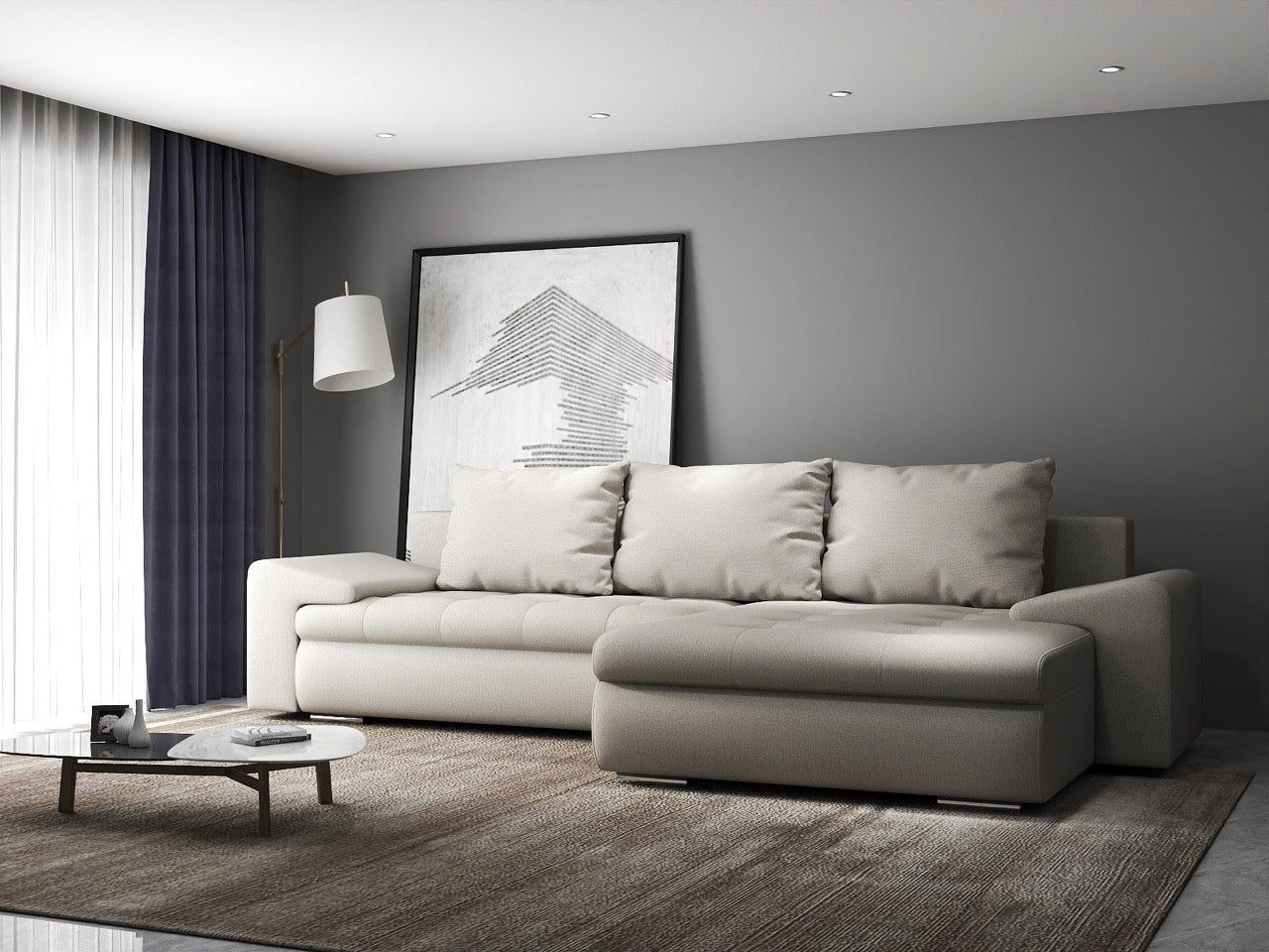Colțar extensibil dumonde cu ladă de depozitare si sezut confortabil din spuma HR, Leonardo Enjoy Bej 255x193 cm II Fabrica