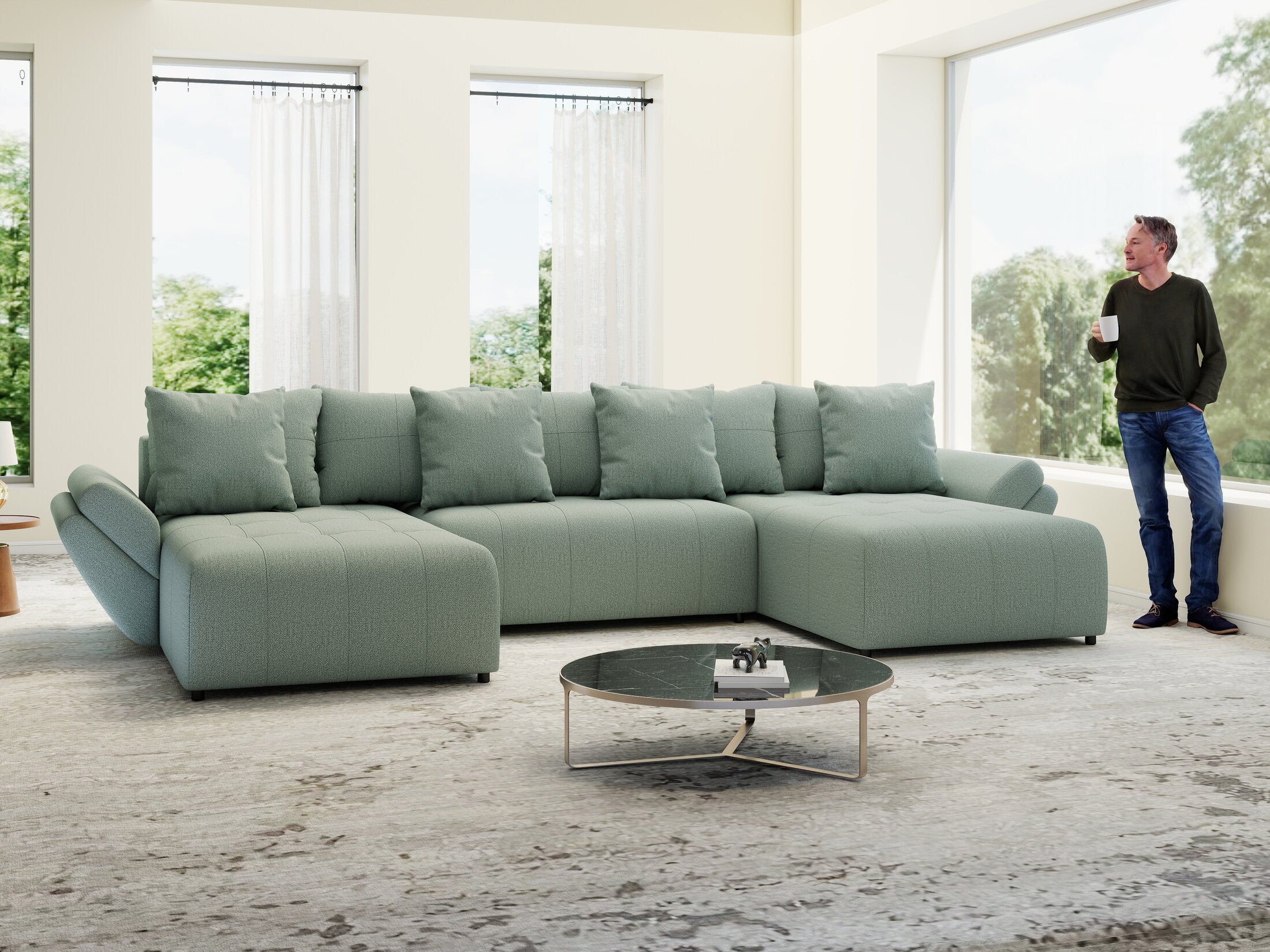 Colțar extensibil dumonde cu ladă de depozitare si sezut confortabil din spuma HR, Berlin U Enjoy Mint 380x180 cm