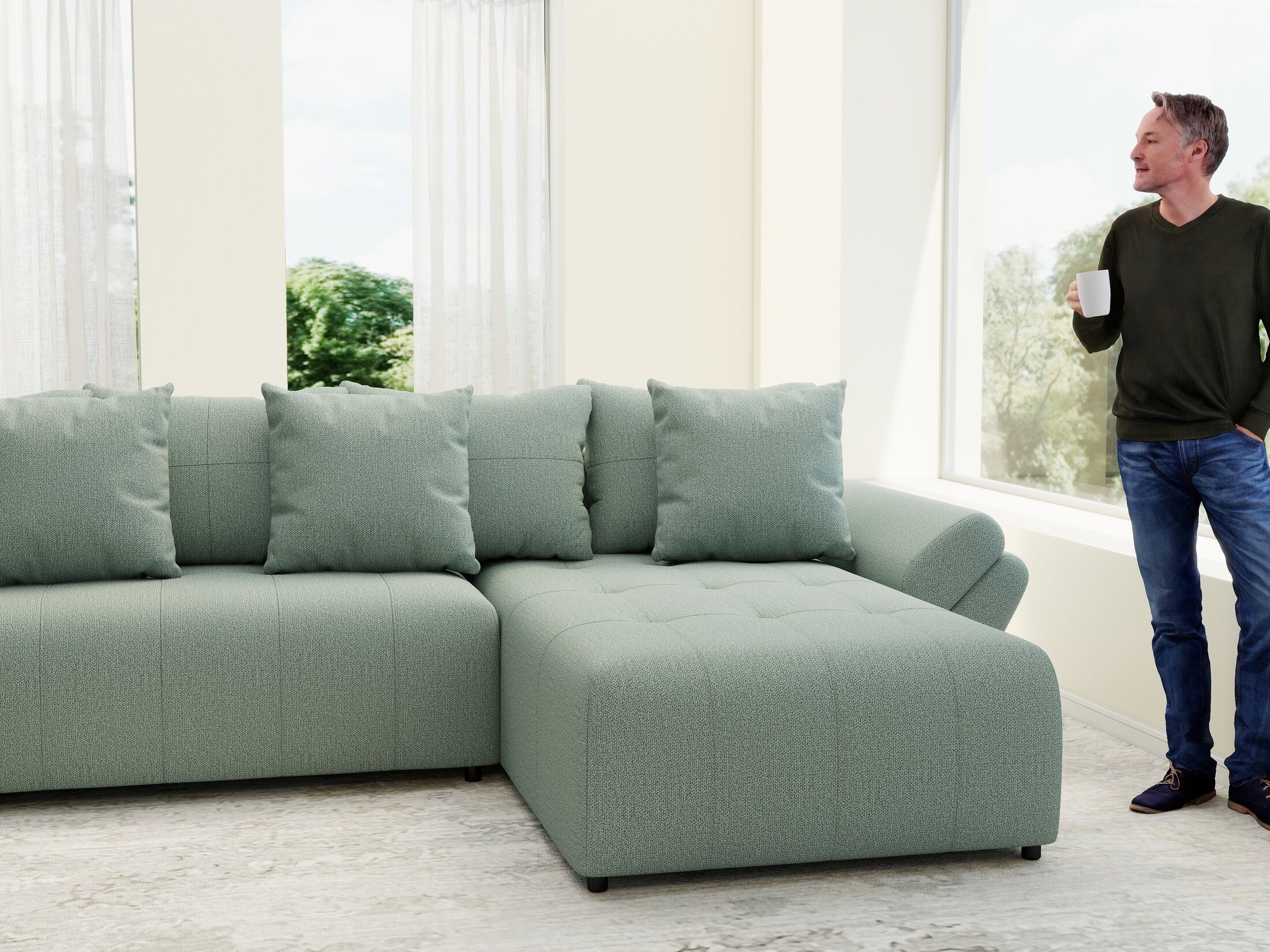 Colțar extensibil dumonde cu ladă de depozitare si sezut confortabil din spuma HR, Berlin U Enjoy Mint 380x180 cm