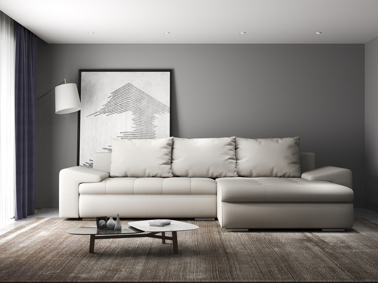 Colțar extensibil dumonde cu ladă de depozitare si sezut confortabil din spuma HR, Leonardo Enjoy Bej 255x193 cm II Fabrica