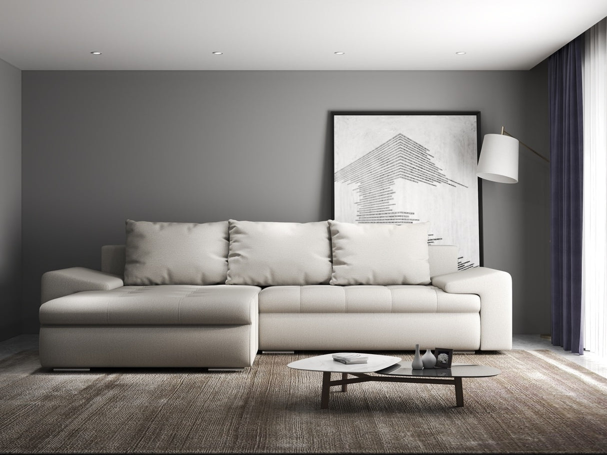 Colțar extensibil dumonde cu ladă de depozitare si sezut confortabil din spuma HR, Leonardo Enjoy Bej 255x193 cm