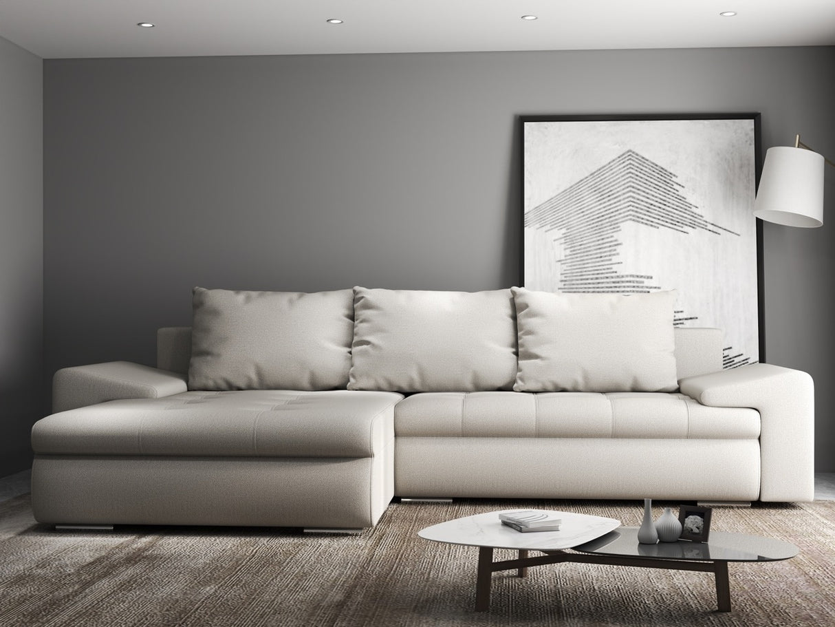 Colțar extensibil dumonde cu ladă de depozitare si sezut confortabil din spuma HR, Leonardo Enjoy Bej 255x193 cm