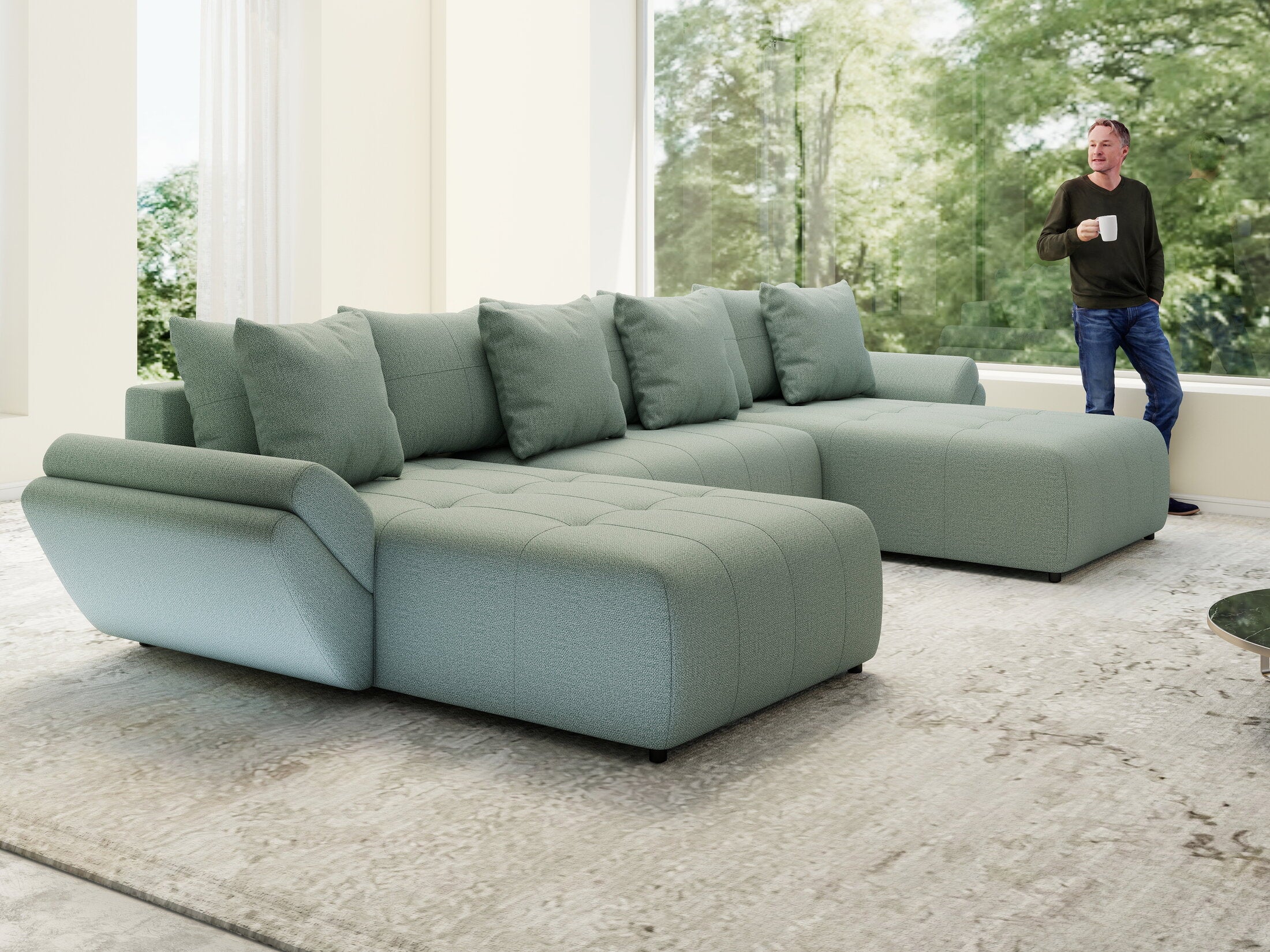 Colțar extensibil dumonde cu ladă de depozitare si sezut confortabil din spuma HR, Berlin U Enjoy Mint 380x180 cm