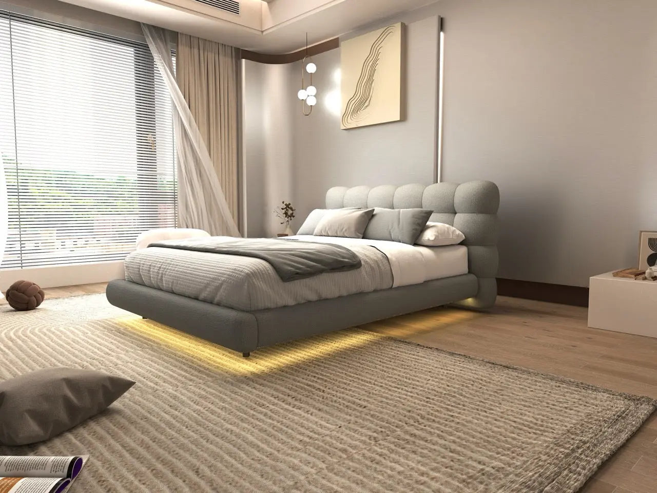 Pat dormitor dumonde, tapitat gri cu LED, "floating bed" Cloud 180x200 cm, somiera inclusa WLS