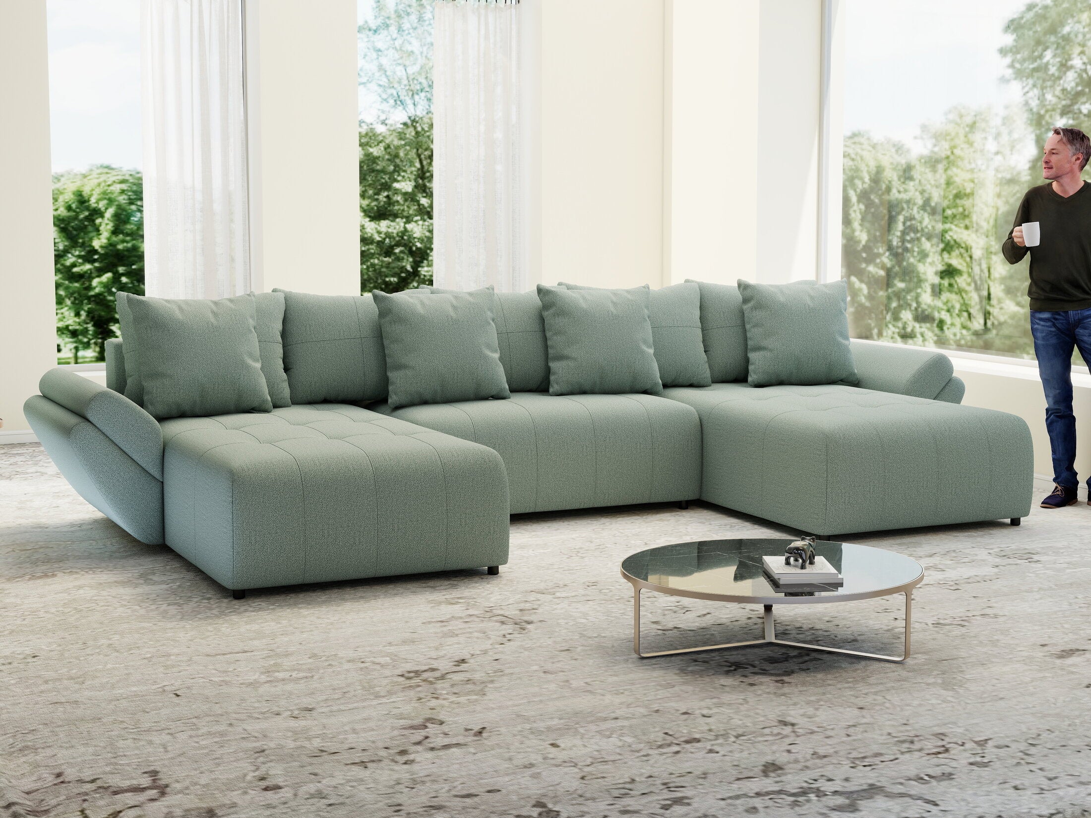 Colțar extensibil dumonde cu ladă de depozitare si sezut confortabil din spuma HR, Berlin U Enjoy Mint 380x180 cm