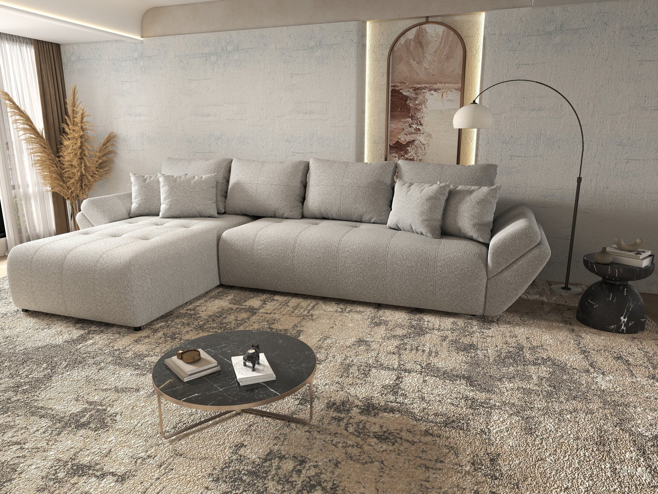 Colțar extensibil dumonde cu ladă de depozitare si sezut confortabil din spuma HR, Berlin XL Euphoria Dove 350x185 cm