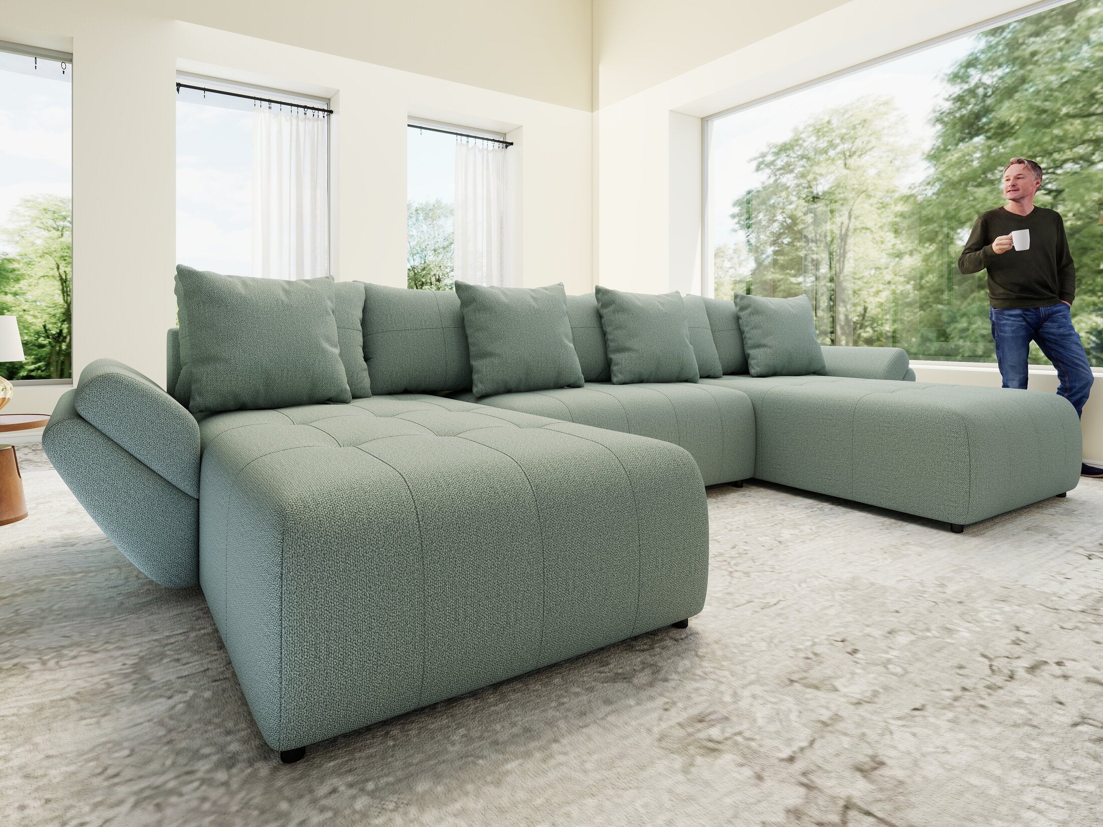 Colțar extensibil dumonde cu ladă de depozitare si sezut confortabil din spuma HR, Berlin U Enjoy Mint 380x180 cm