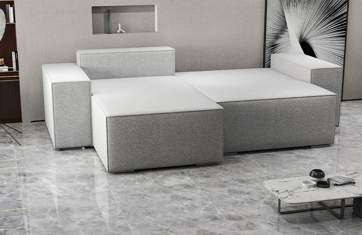 Colțar extensibil dumonde cu ladă de depozitare si sezut confortabil din spuma HR, Dream Euphoria Dove 290x185 cm Fabrica