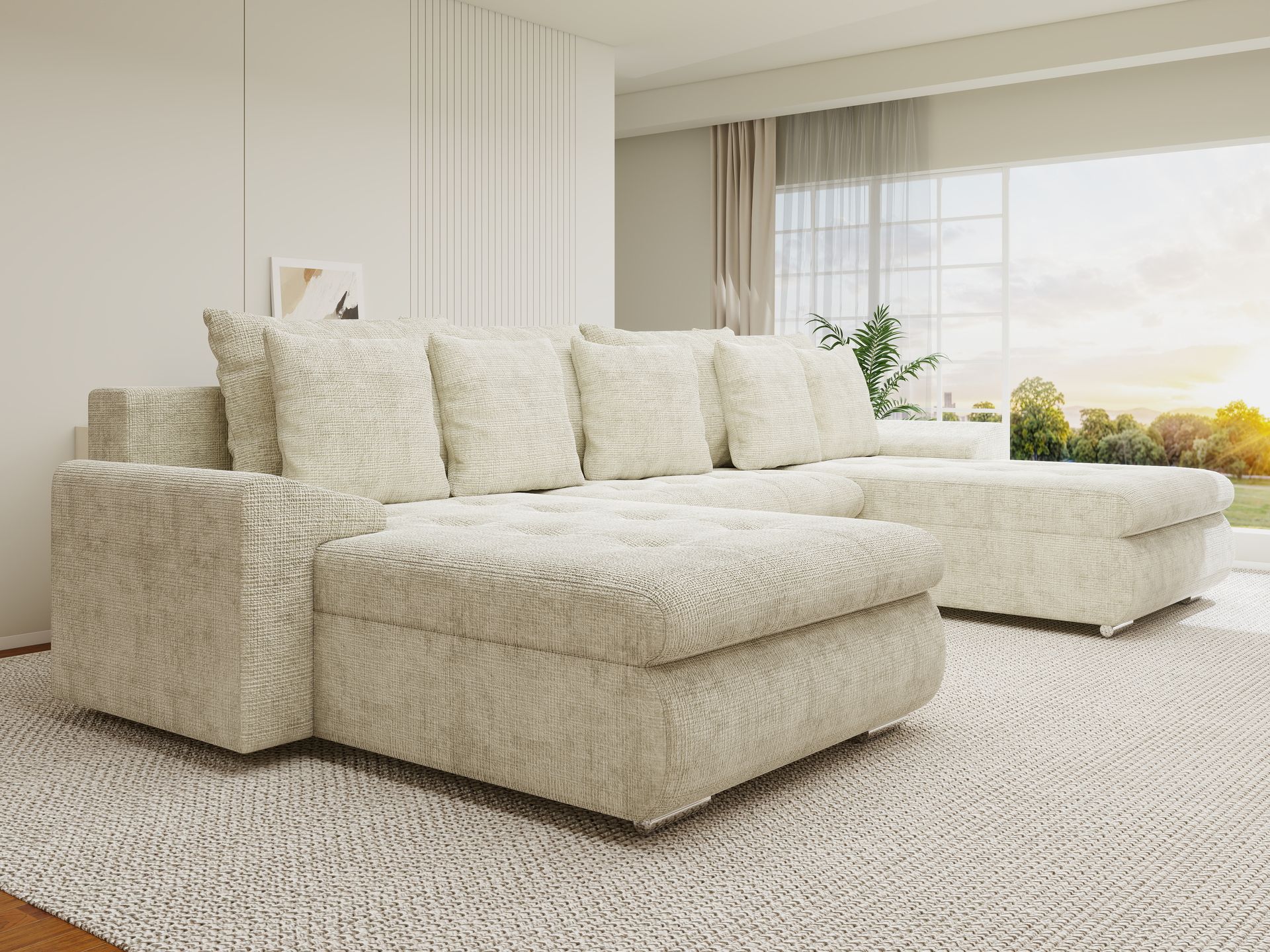 Colțar extensibil dumonde cu ladă de depozitare si sezut confortabil din spuma high-density, Leonardo U Cremona Bej 01 360x185 cm