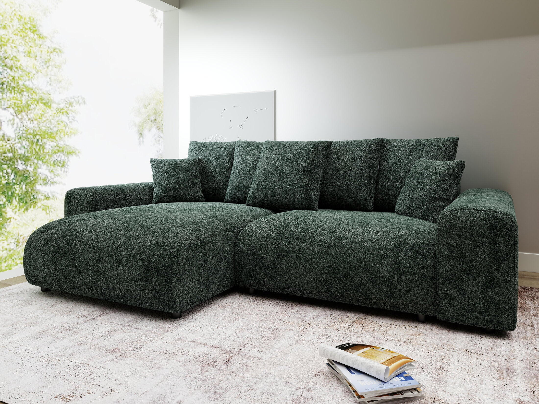 Colțar extensibil dumonde cu ladă de depozitare și șezut confortabil din spumă HR, Luma Euphoria Verde 255x168 cm