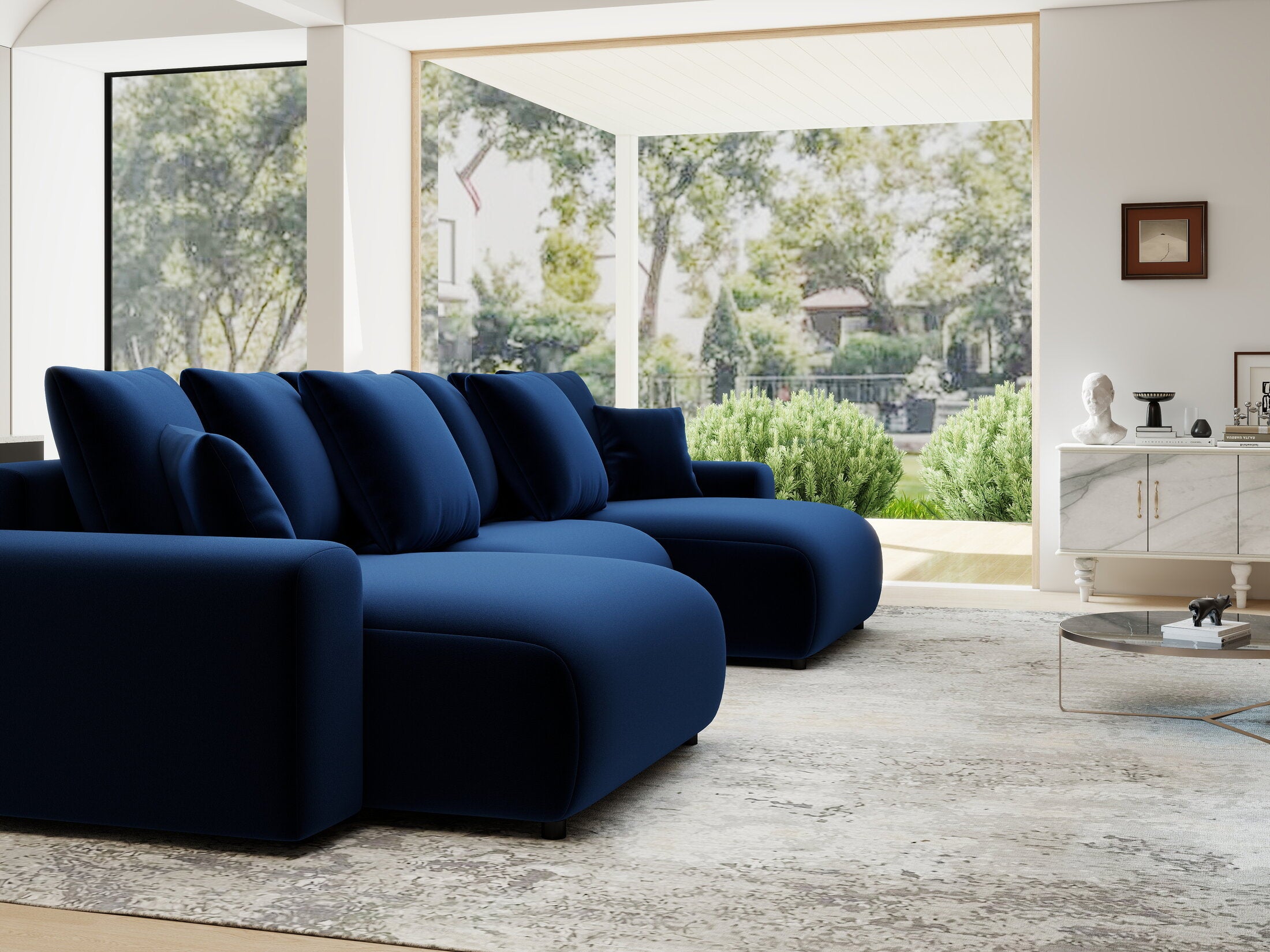 Colțar extensibil dumonde cu ladă de depozitare si sezut confortabil din spuma HR, Luma U Royal Albastru Navy 336x140 cm