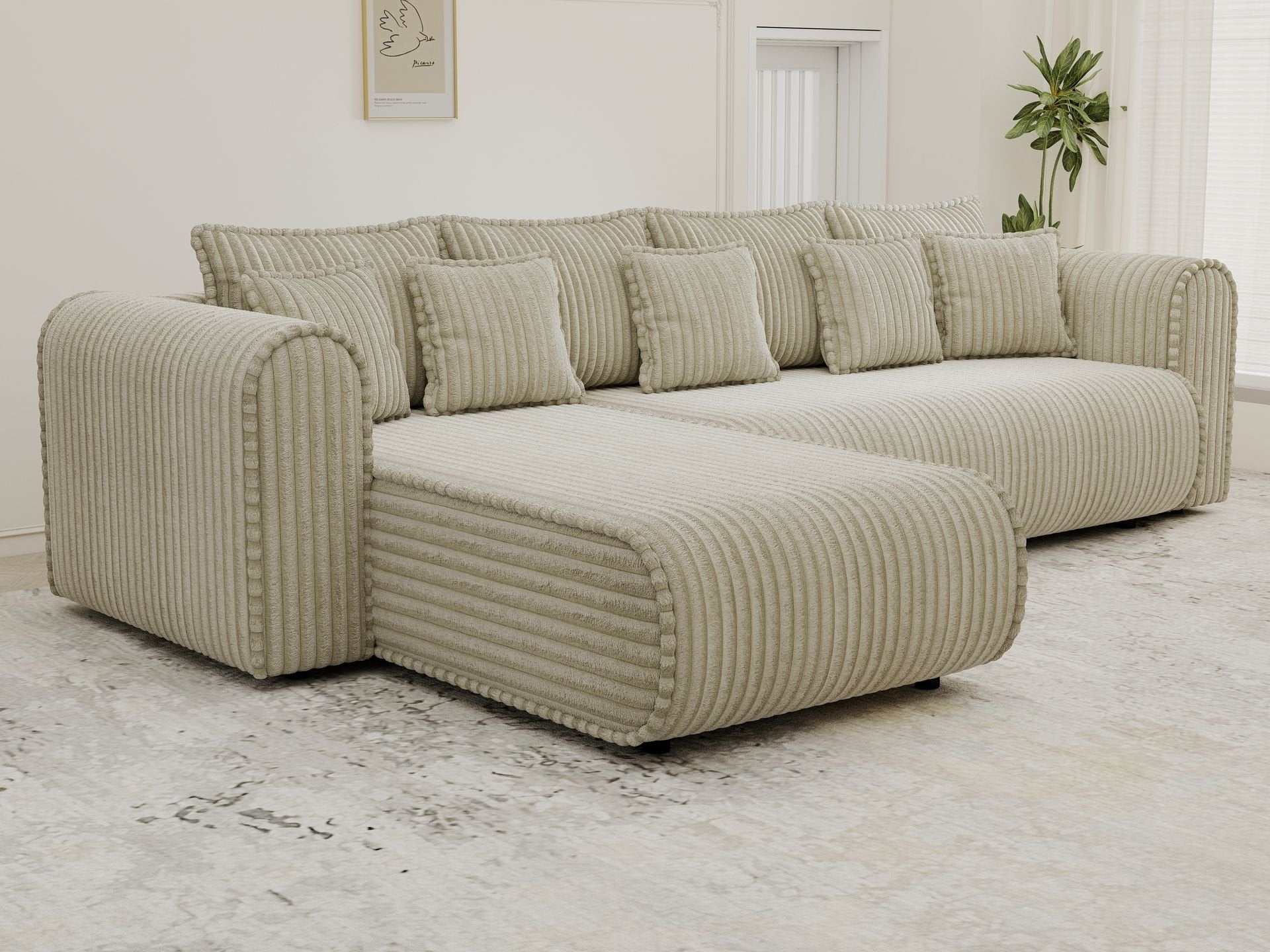Colțar extensibil dumonde cu ladă de depozitare si sezut confortabil din spuma high-density, Monaco XL Tilia Bej 340x185 cm