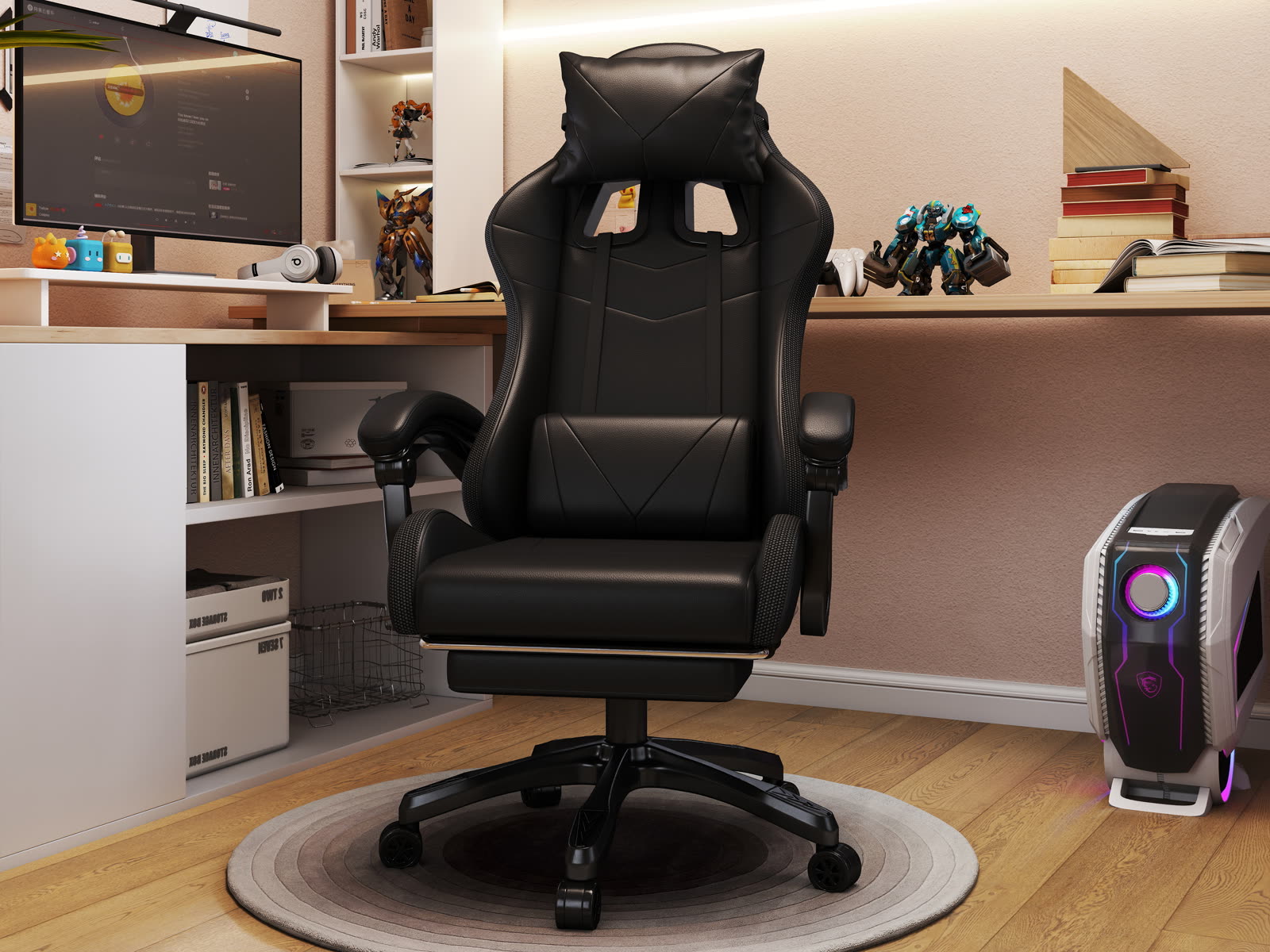 Scaun gaming Dumonde PULSE, LED, mecanism multifuncțional, ecopiele, suport picioare, negru