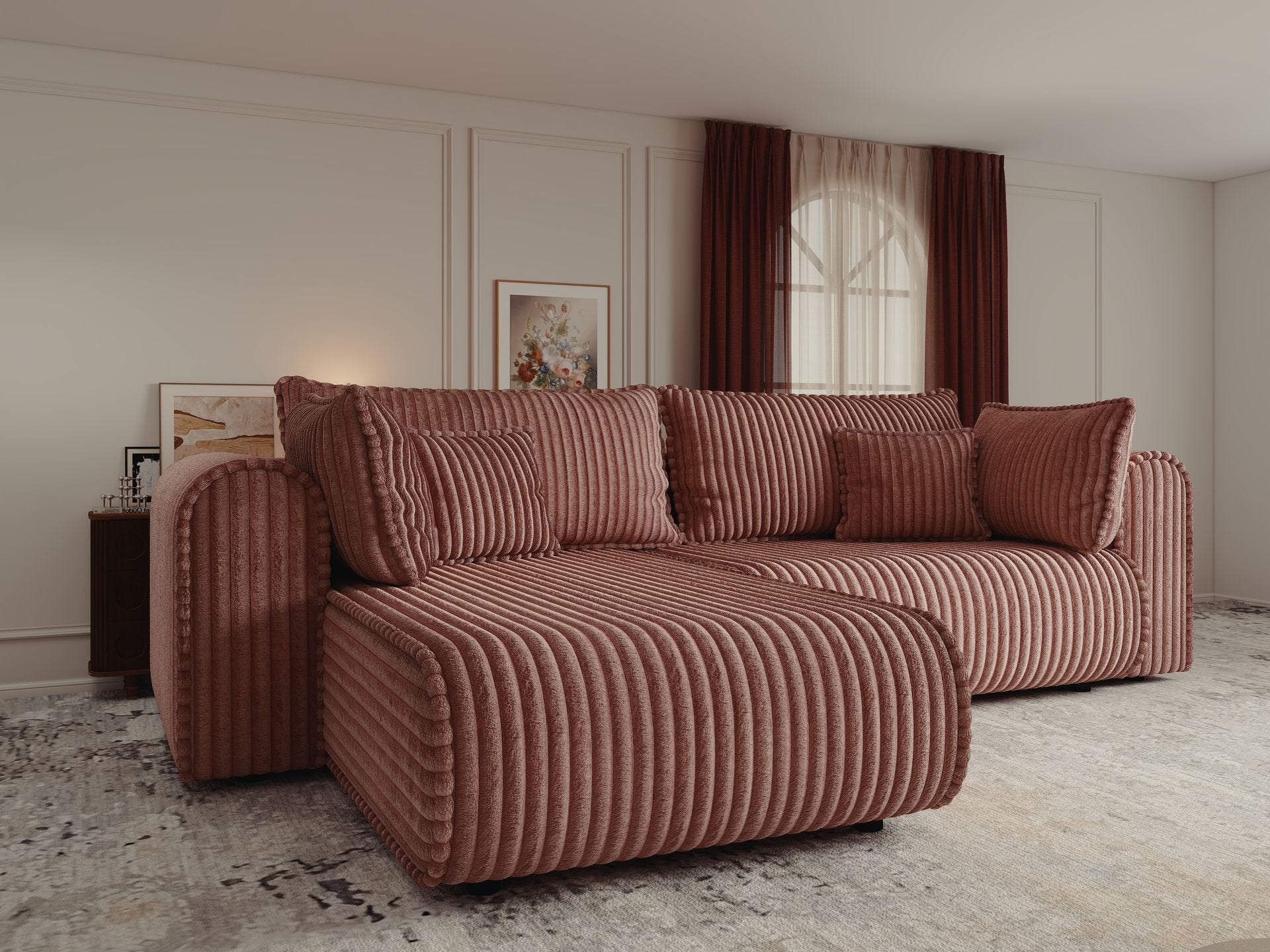 Colțar extensibil dumonde cu ladă de depozitare si sezut confortabil din spuma high-density, Monaco L Tilia Roz 270x100 cm